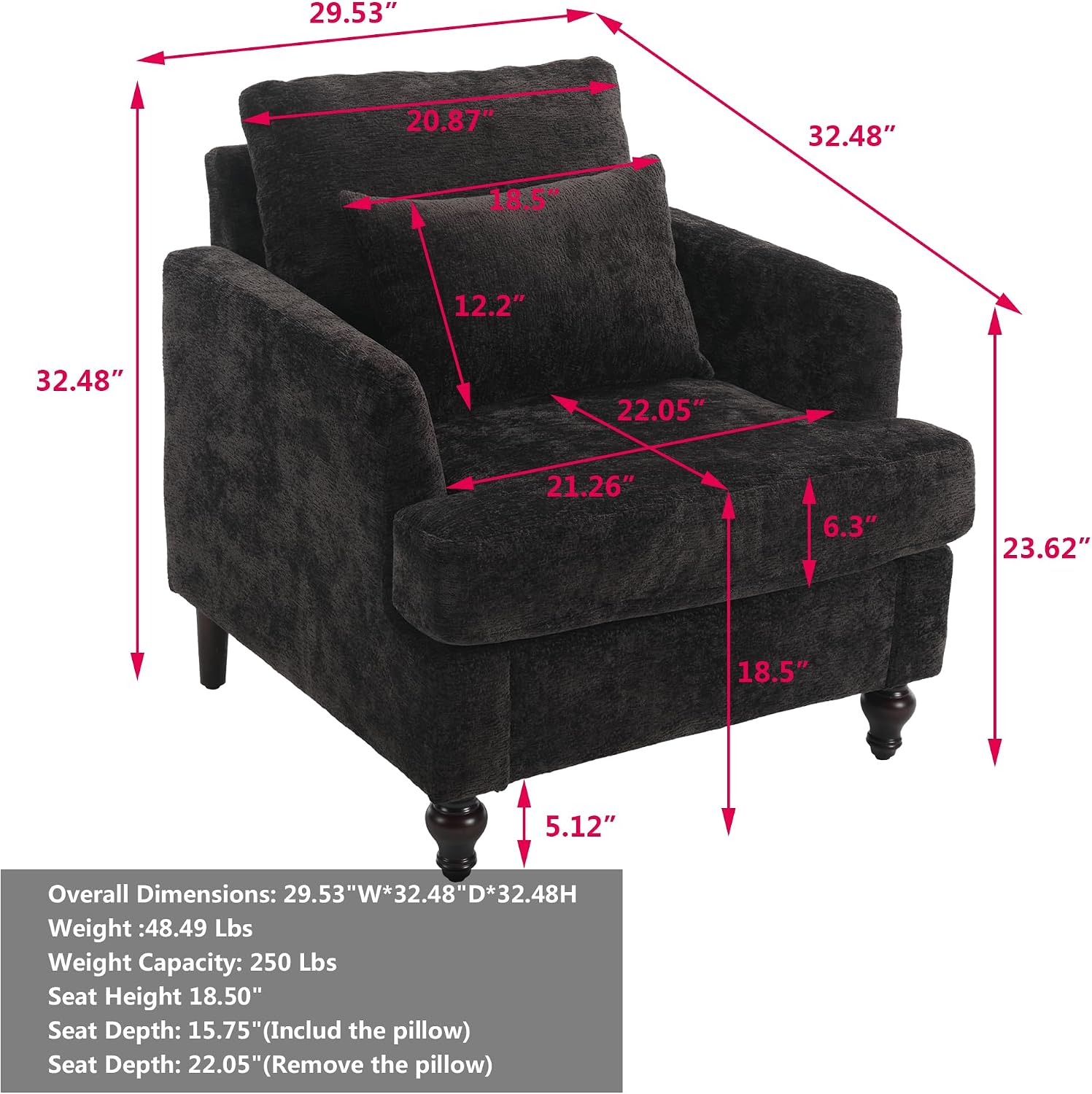 Mid Century Modern Accent Armchair for Living Room, Chenille Fabric Single Sofa Chairs with Pillow, Upholstered Cozy Side Reading Lounge Chair for Bedroom Club Office Apartment, Black