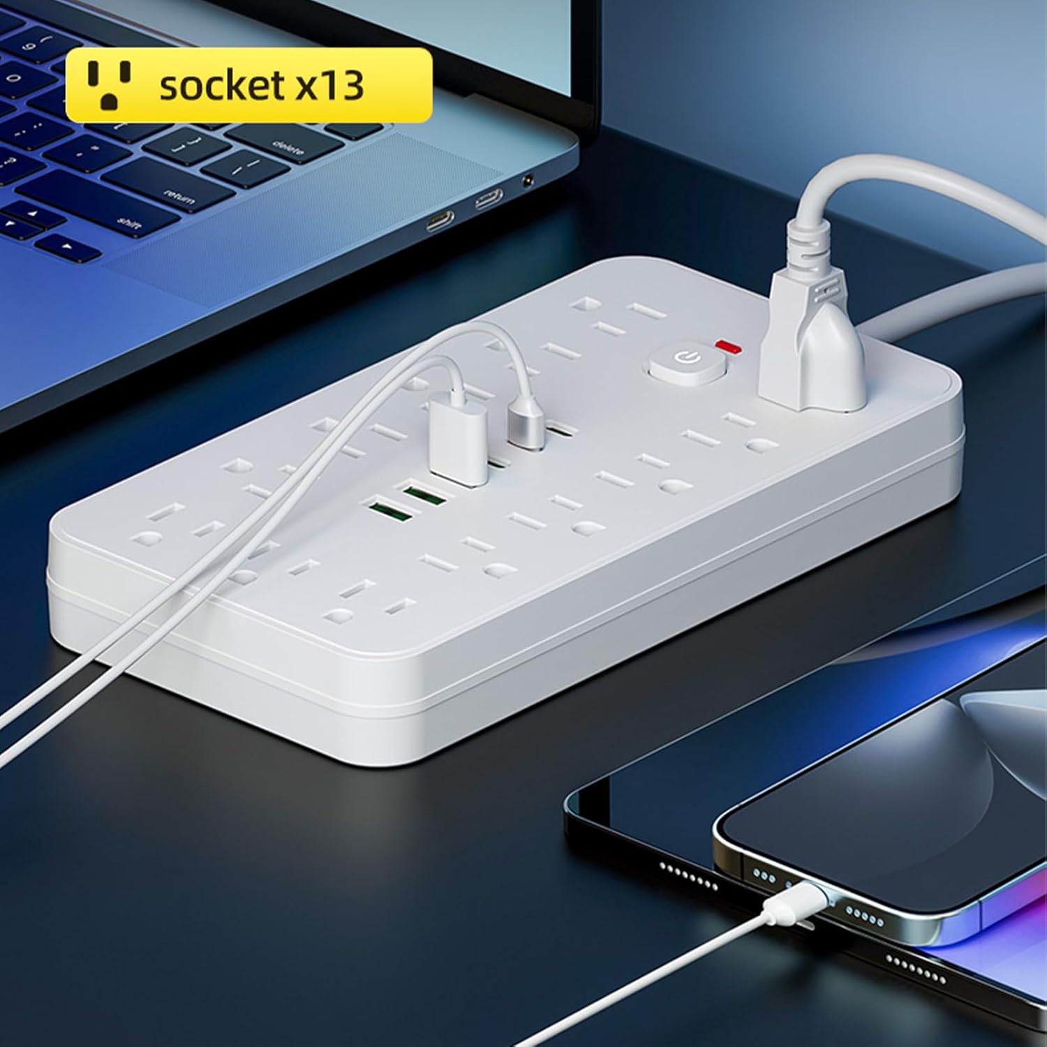 Surge Protector Power Strip 10 FT Flat Plug, 1875W/10A, 13 Multiple AC Outlets with 3 USB-A 3 USB C, One Touch Switch Button,Perfect for Home, Office, or Travel Use. White
