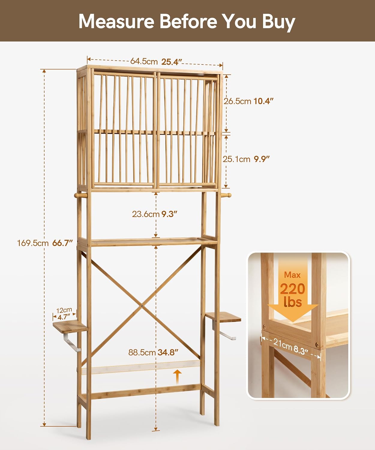 Afuly Bamboo Over the Toilet Storage Cabinet with Doors, Natural | Bathroom Shelves Over Toilet Organizers and Storage, Above Toilet Shelf with Paper Holder, Phone Stand and Hooks, Space Saver
