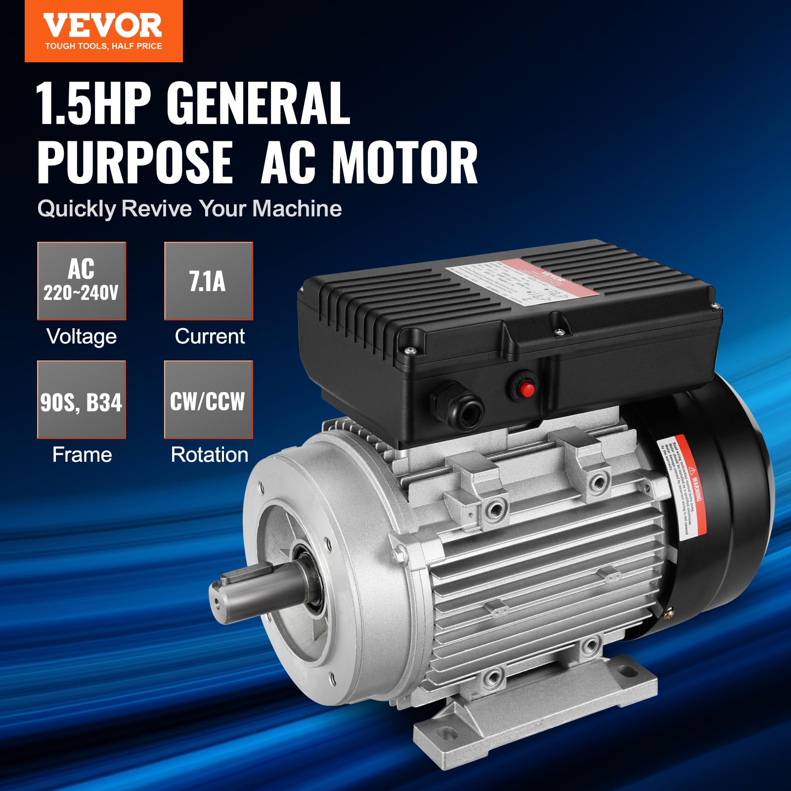 VEVOR Motor Eléctrico 1,1 kW 2800 RPM, CA 220~240 V 7,1 A, Marco B34, Motor de Compresor de Aire Monofásico, Eje con Llave de 24 mm, para Maquinaria Agrícola y Equipos Generales, 330 x 175 x 240 mm