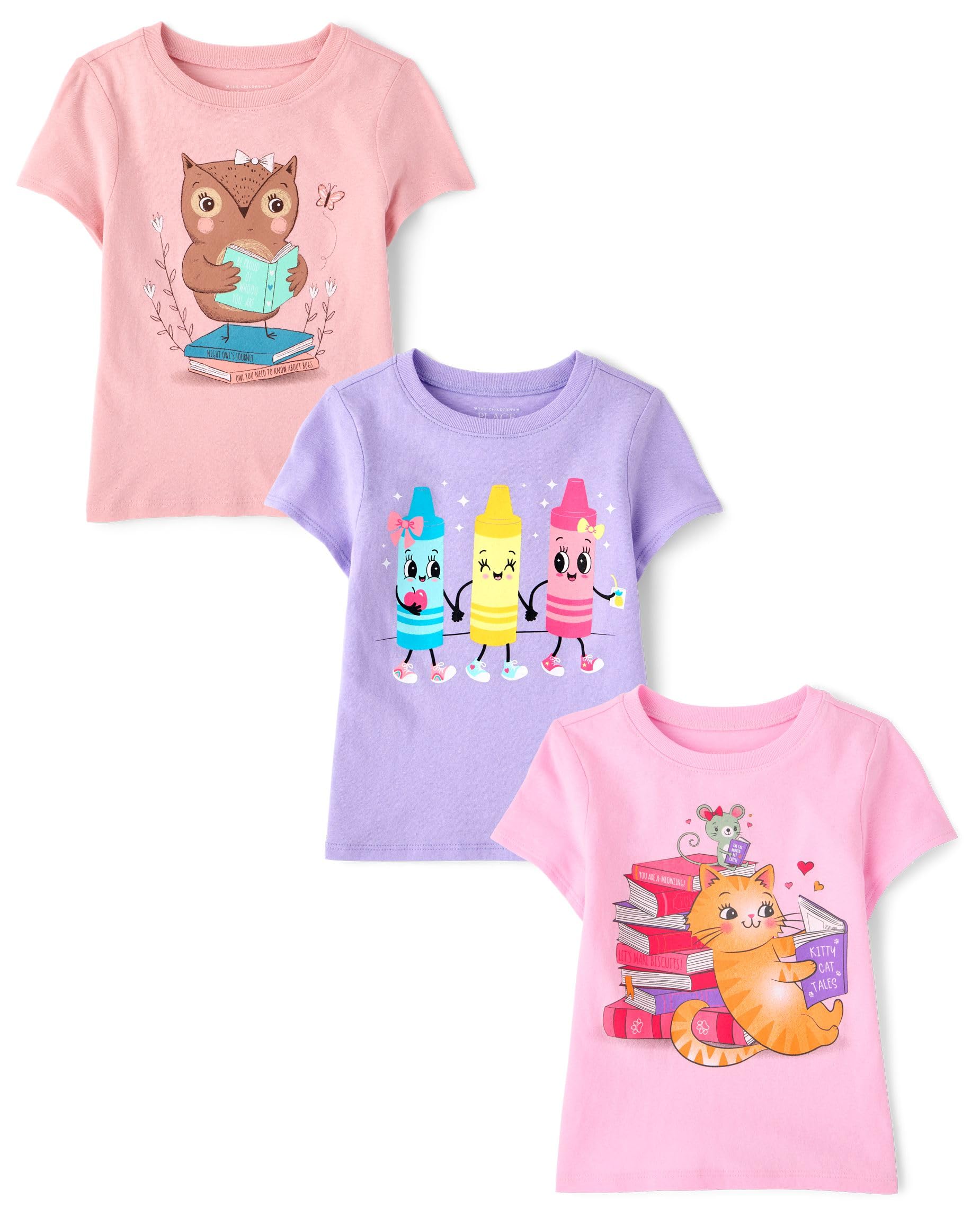 The Children's Place Baby-Girls and Toddler School,Learning Short Sleeve Graphic T-Shirts,3 Pack