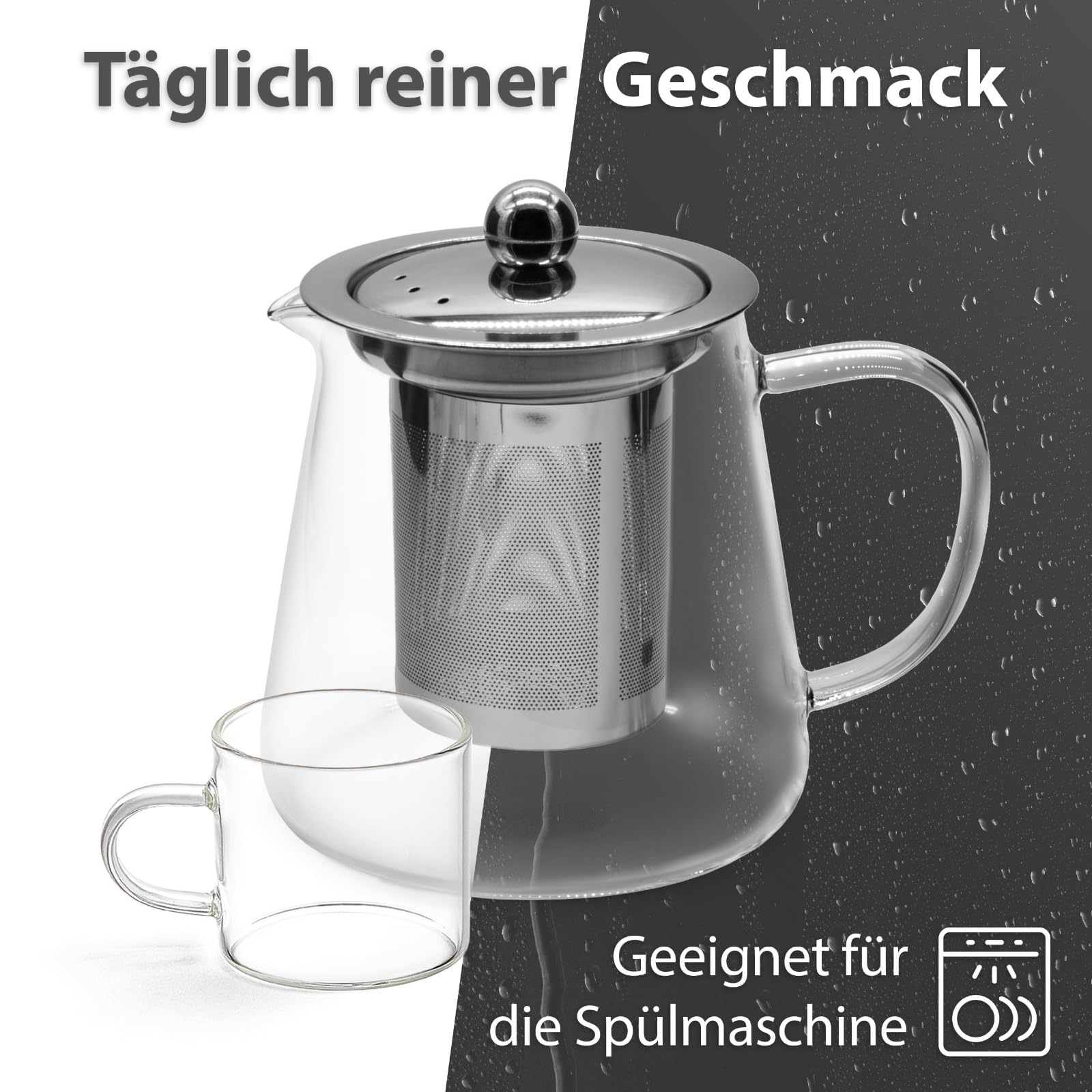 t24 Teiera in vetro con setaccio, resistente al calore, estraibile, filtro in acciaio inox (1700 ml) (600 ml + 4 x 100 ml)