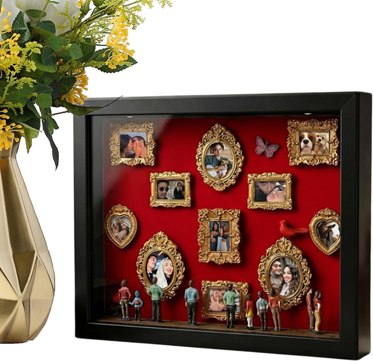 Mini Museum Figurines, Light Up Wooden Frame, Photo and Family Memory Display Frame for Couples Adults Lovers Family Friends Wife Decorative Home Desk Shelf Table Display