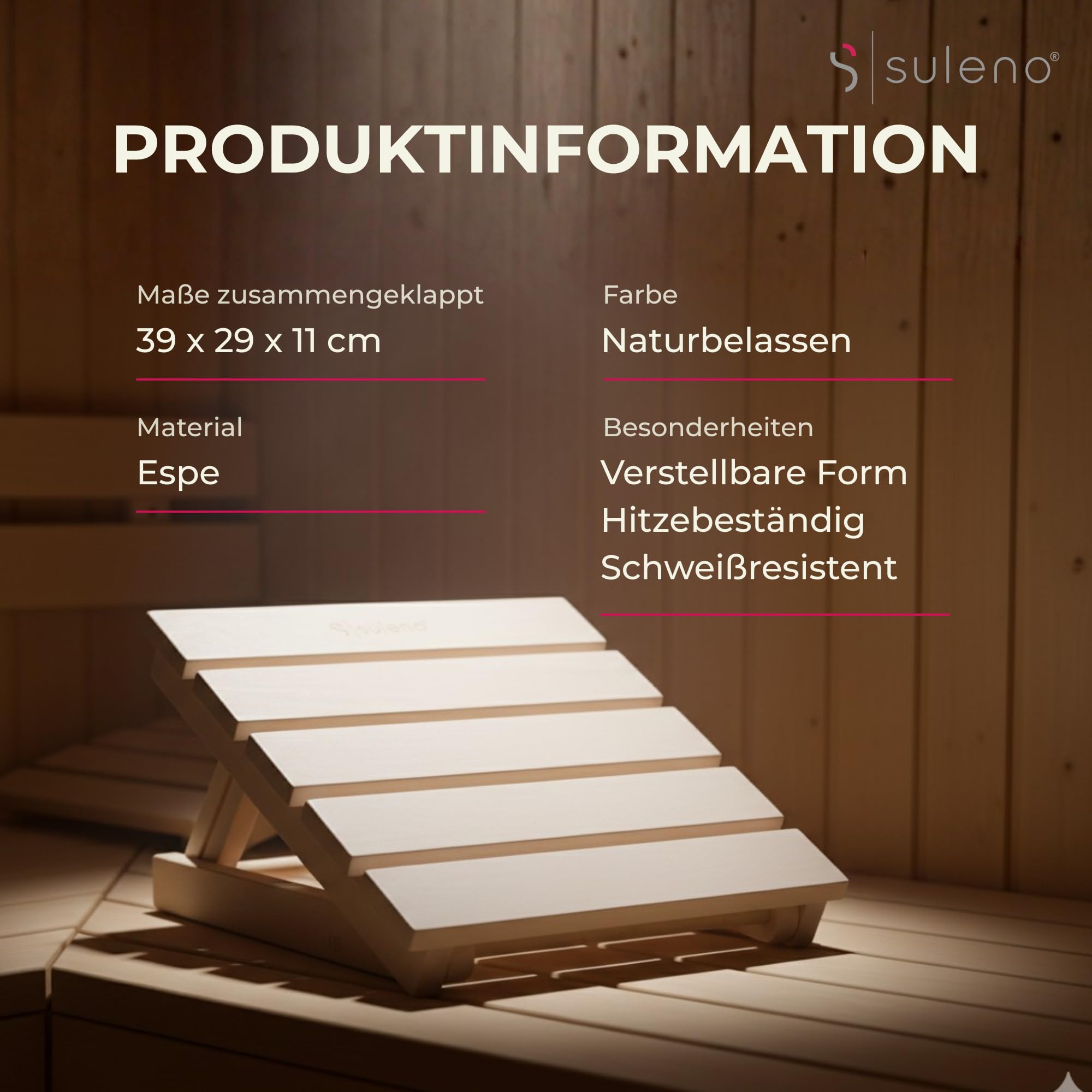 SULENO Sauna Kopfstütze JARI aus Espenholz, ergonomische | 3-fach verstellbare Nackenstütze für Sauna & Wellness, hochwertige, stabile und komfortable Saunakopfstütze, Rückenlehne
