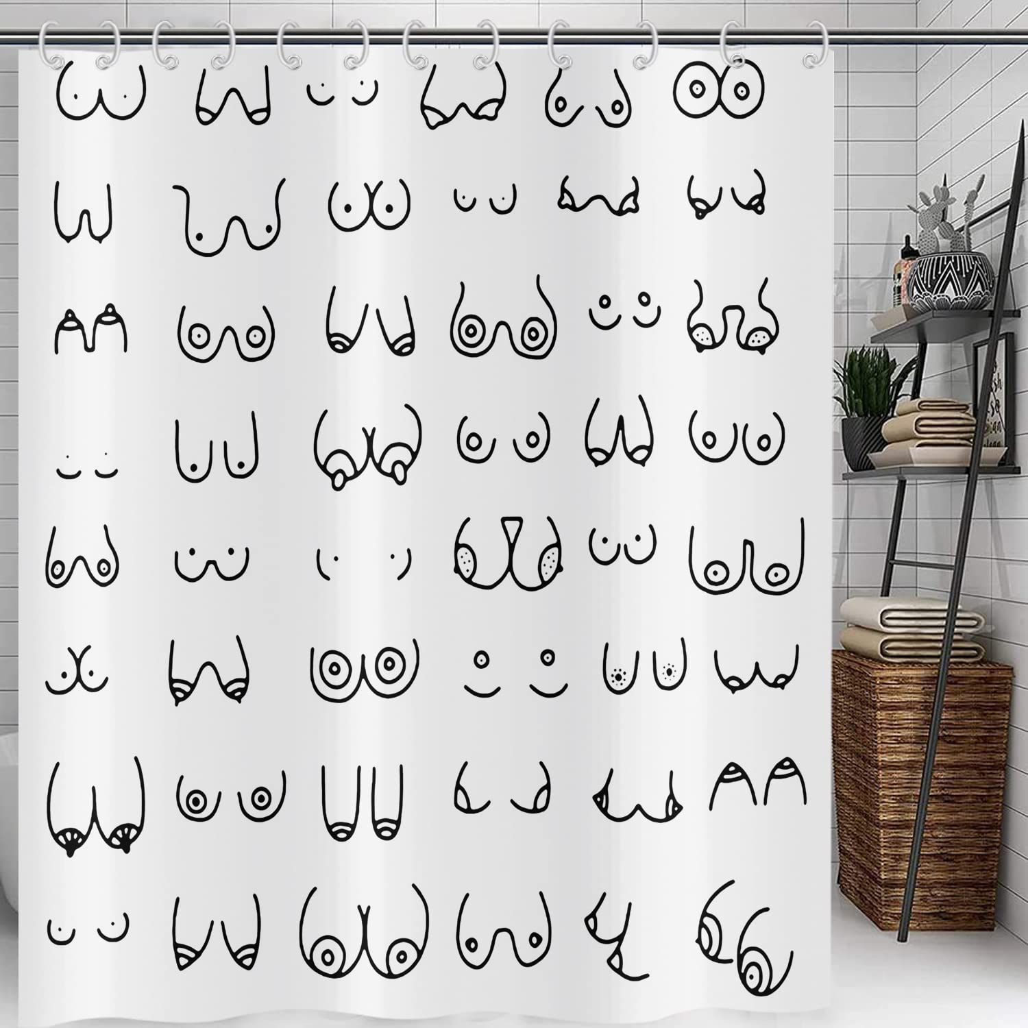 Hnmdmyi Funny Shower Curtain 165x180, Black and White Shower Curtains Abstract Fun Boobs Nude Female Body Hilarious Art Bathroom Curtains with Hooks Waterproof Polyester Fabric Washable Bath Curtains