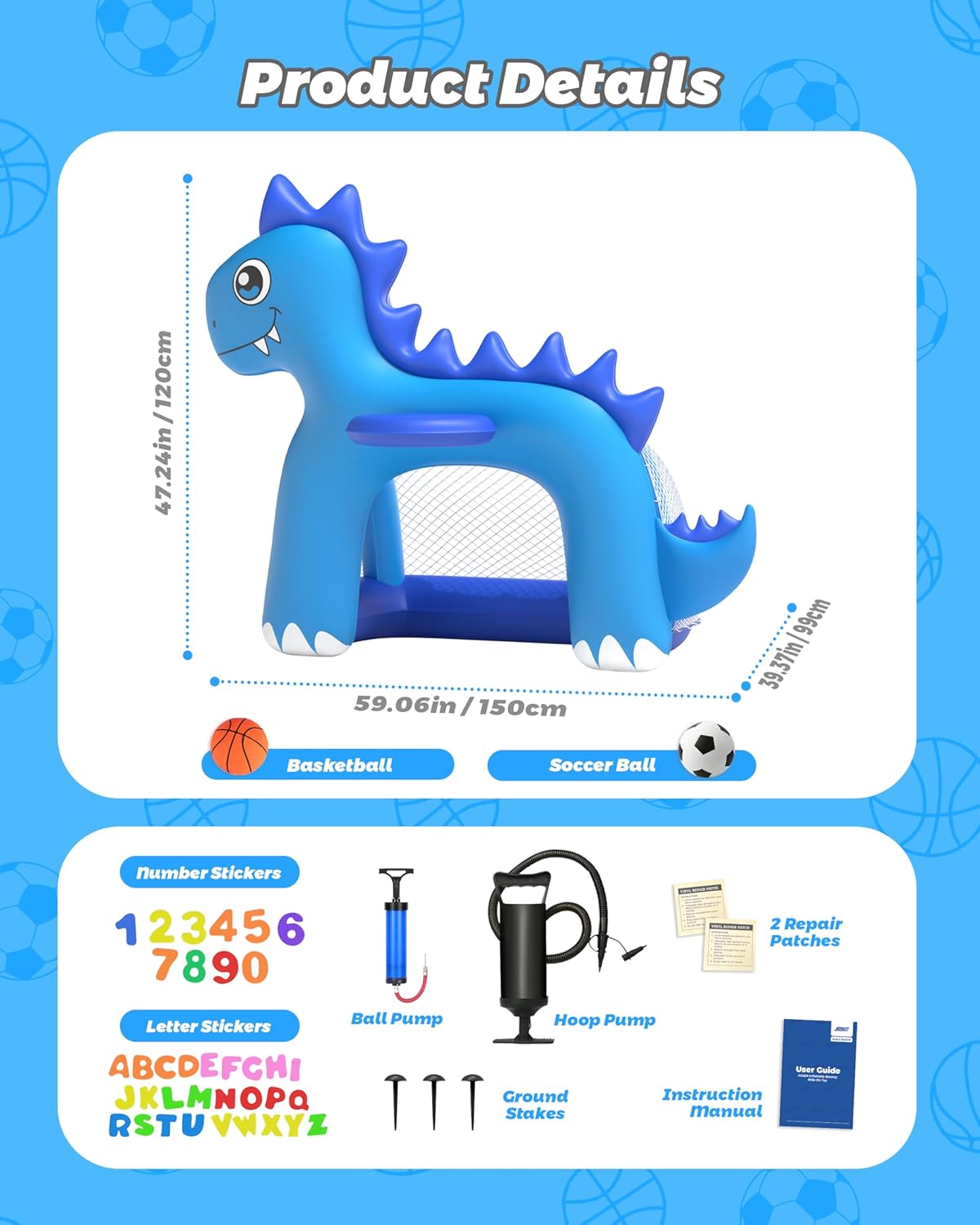 JOSEN Inflatable Toddler Basketball Hoop & Soccer Goal, 2-in-1 Mini Basketball Hoop Indoor Outdoor Sports Center Toys with DIY Stickers, Kids Birthday for Boys Girls 1 2 3 4 5 Year Old