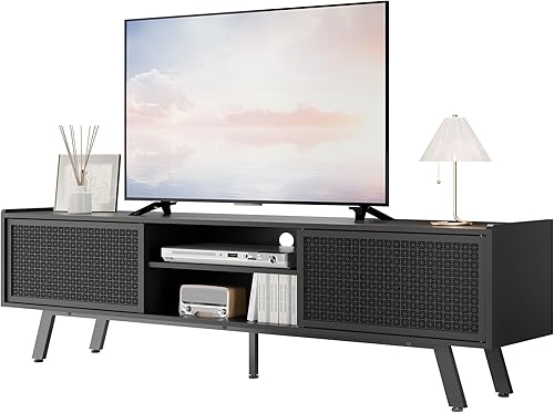 Miniatura 8 de Soporte de TV negro para TV de 65 y 70 pulgadas, consola moderna de ratán de hierro con puerta corredera, centro de entretenimiento con