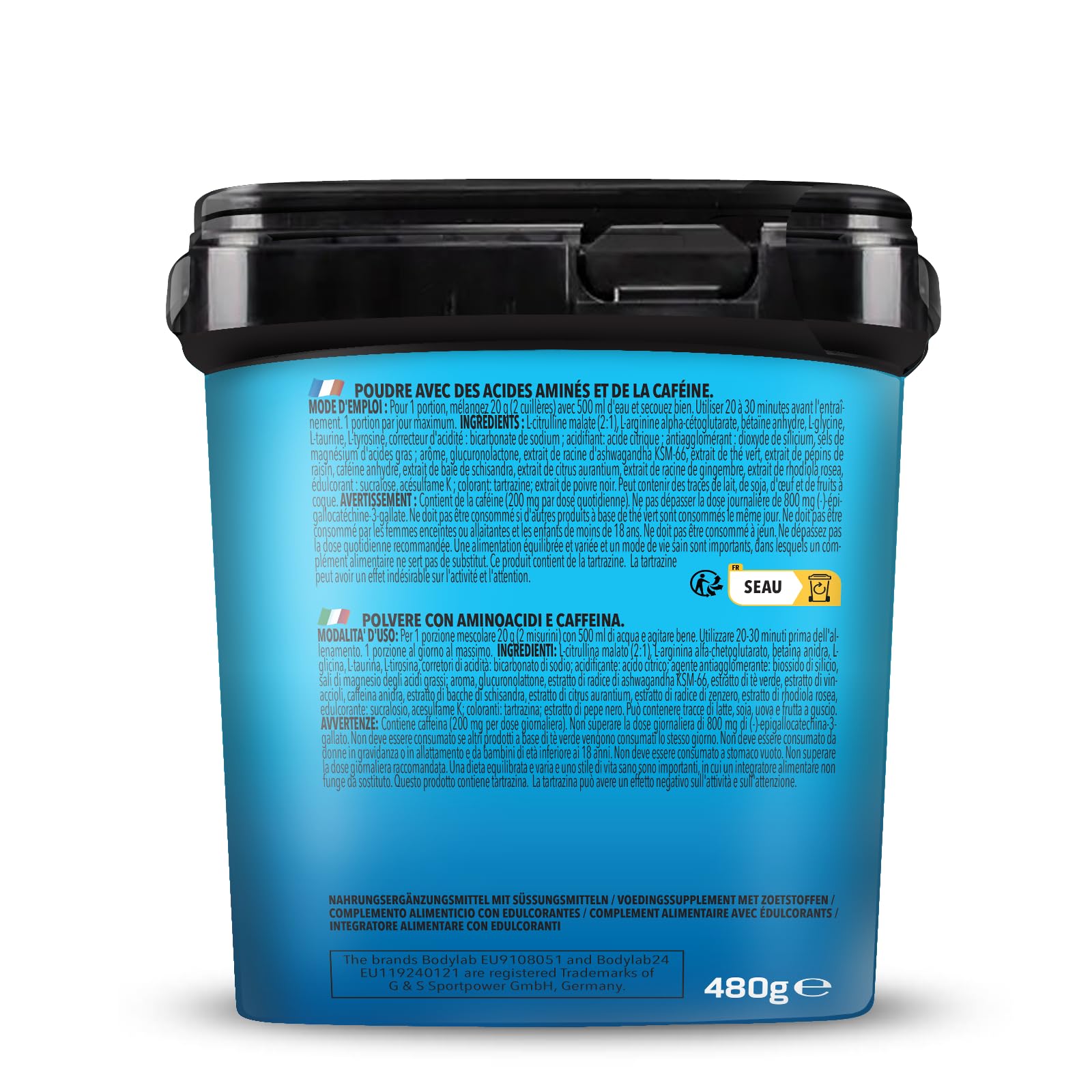 Bodylab24 Bodybuilder Pre Workout Ananas 480g, mit verschiedenen Aminosäuren (Citrullin, Arginin, Glycin, Tyrosin, Taurin), Koffein und verschiedene Pflanzenextrakte, fruchtig im Geschmack