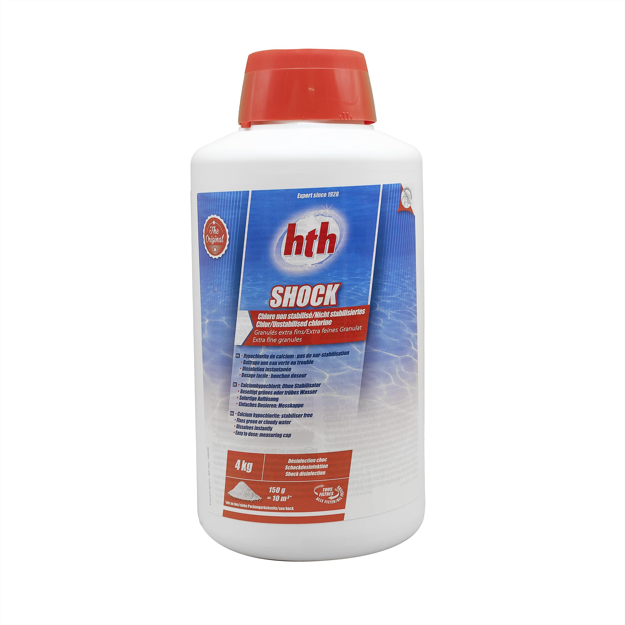 HTH Shock Poudre - 4kg | Chlore Choc Non Stabilisé - Désinfection Choc - Hypochlorite de Calcium à Dissolution Rapide + 10 Tests HPS OFFERTS 6 en 1