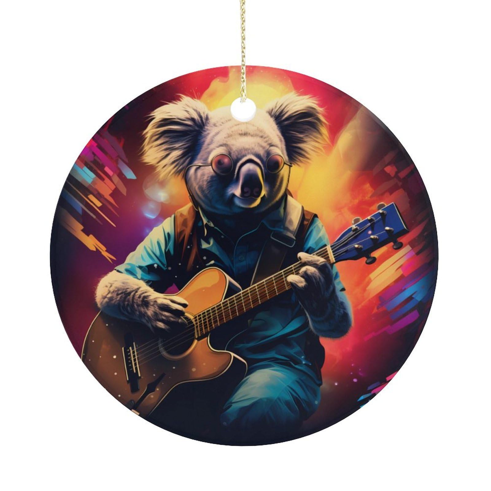 Cute Koala Bear Playing Guitar Ceramic Hanging Ornaments Round Souvenir for Christmas Holiday Present