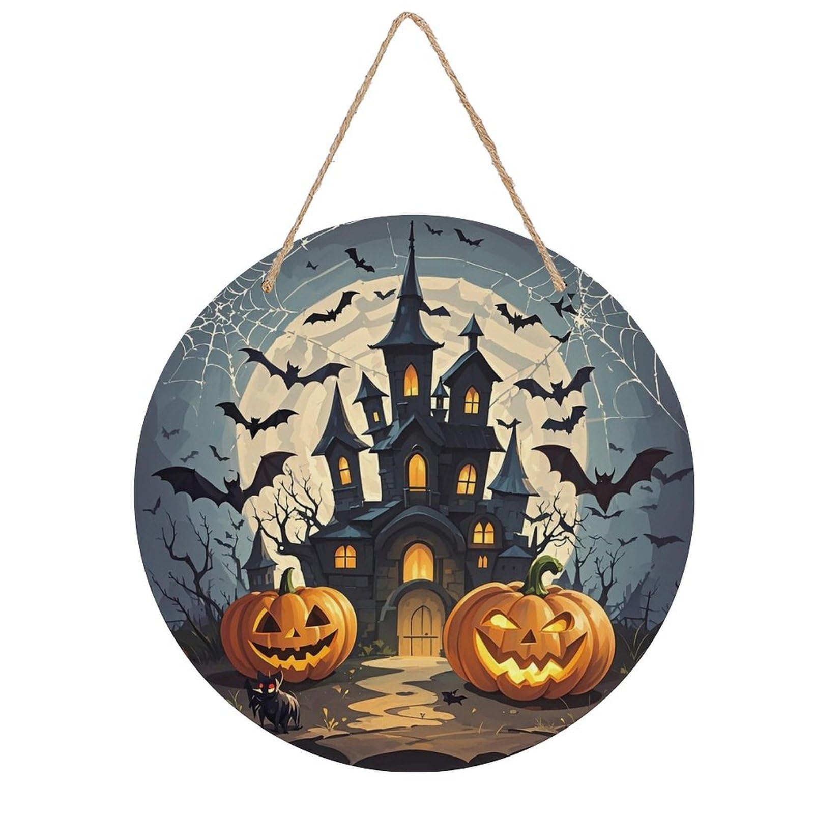 FekiLoot Pumpkin Lantern Castle Wall Art Decor Rustic Welcome Sign Round Wood Hanging Sign Decoration Wood Plaque Door Hanger Wooden Signs Wall Hanging Decor Housewarming Gift for Home Outdoor Indoor