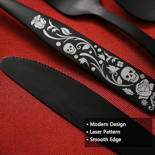 Miniatura 7 de IFERRENS Juego de cubiertos negros mate de 40 piezas para 8, juego de cubiertos decorativos con diseño de rosa de calavera 180, acabado de manchas