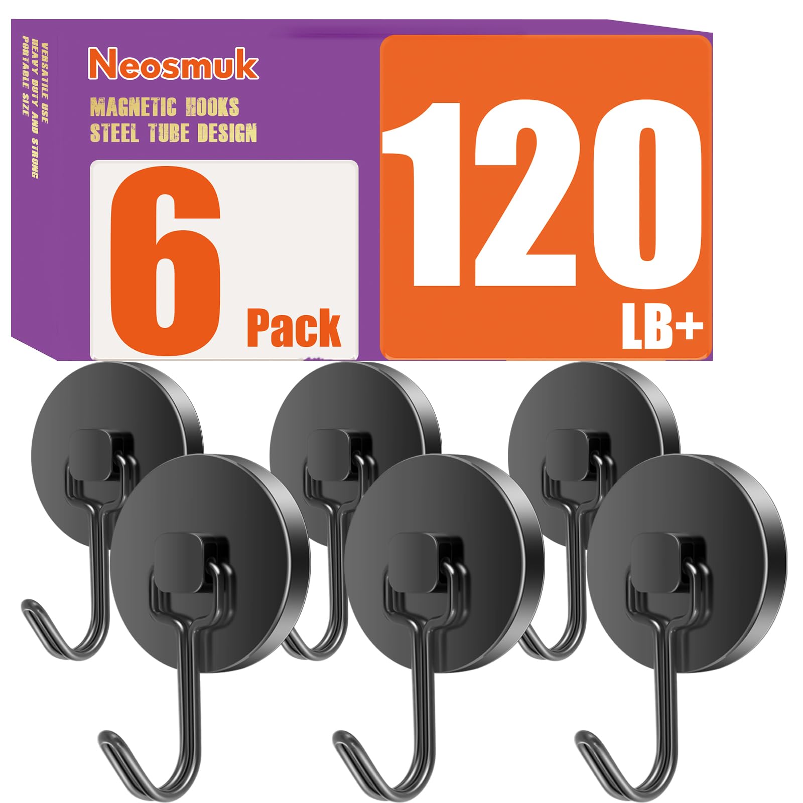 Neosmuk Magnetic Hooks for Cruise Cabins Pack of 6, Black, 3.2#, 120lb-Magnetic Hooks