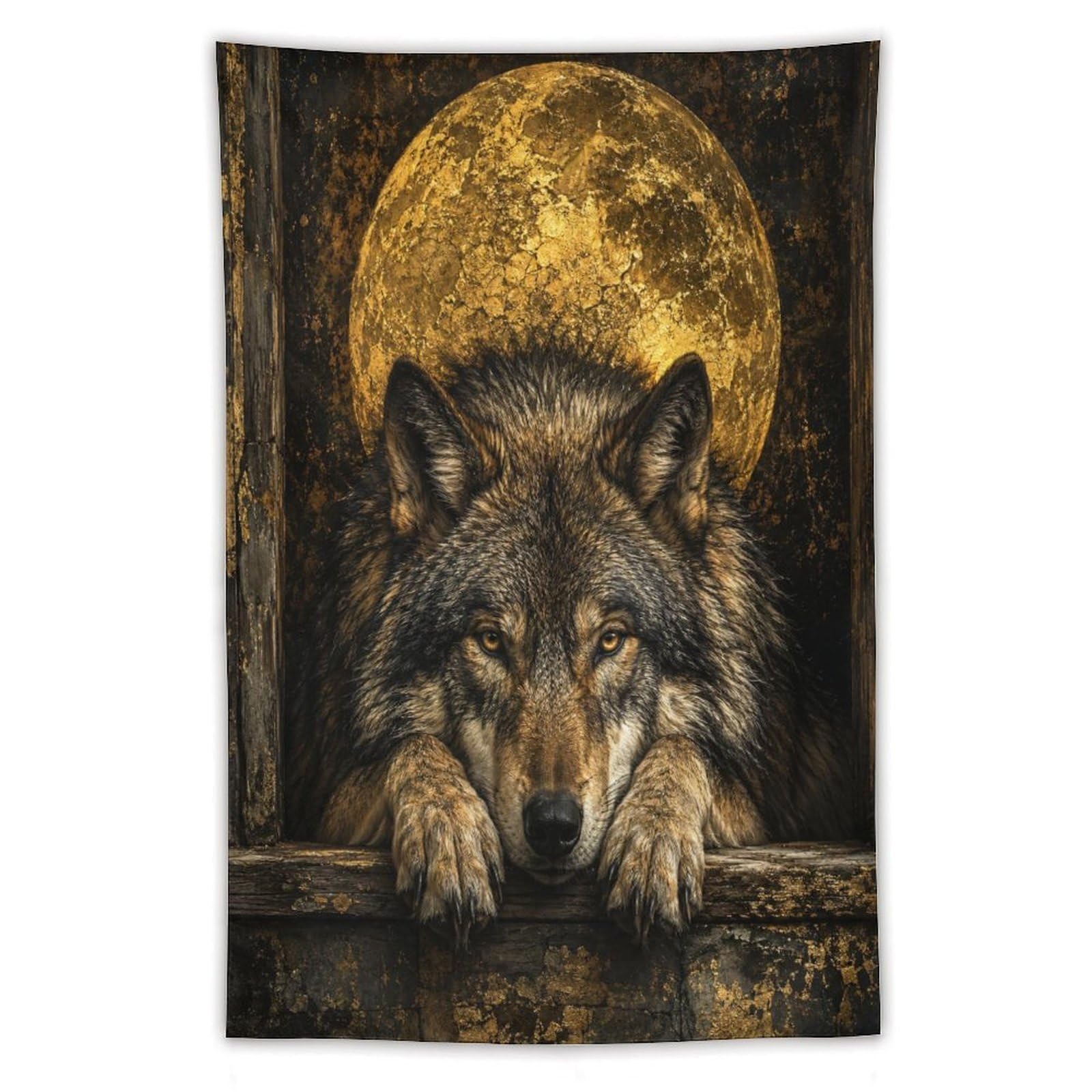H3B8U2Y5 Wolf Portrait Golden Moon Wall Tapestry, Rustic Wildlife