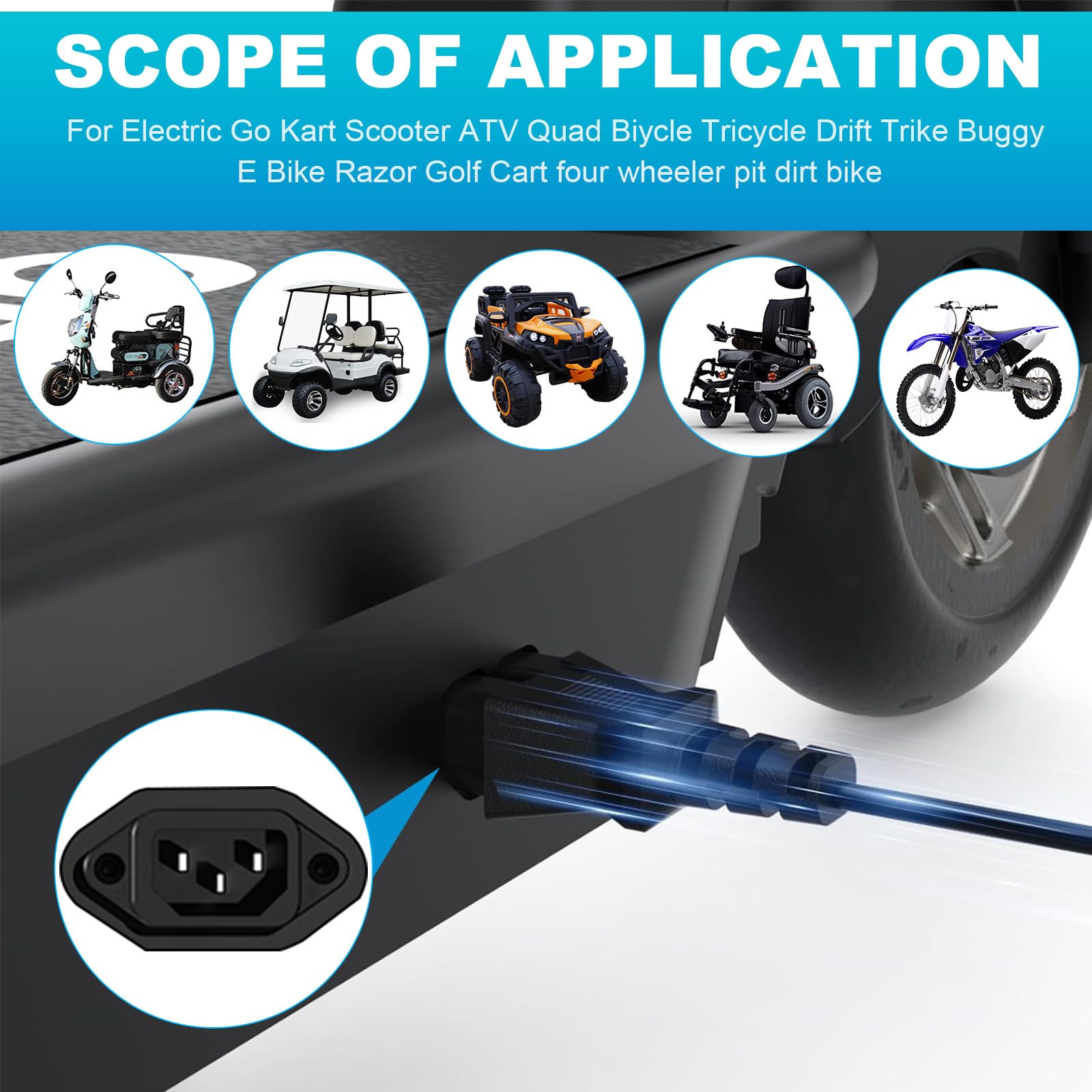 59V 1.8A para 48V 12AH Cargador de batería de plomo para bicicleta eléctrica Motor Bike - Adaptador de CA de enchufe de 3 agujeros 7