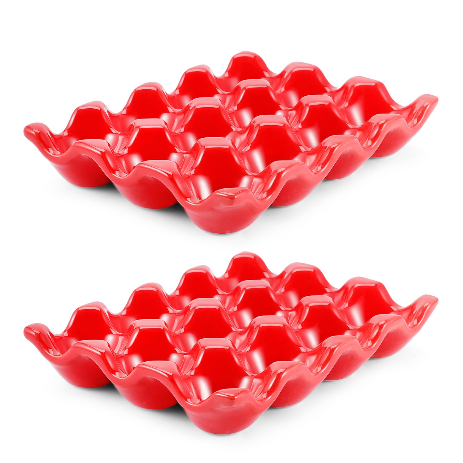 Flexzion 12 Cups Ceramic Egg Holder - Whole Dozen Porcelain Egg Tray Container Keeper Storage Organizer Decorative Serving Stand Serveware for Refrigerator Fridge Countertop Display 2 Pack (Red)
