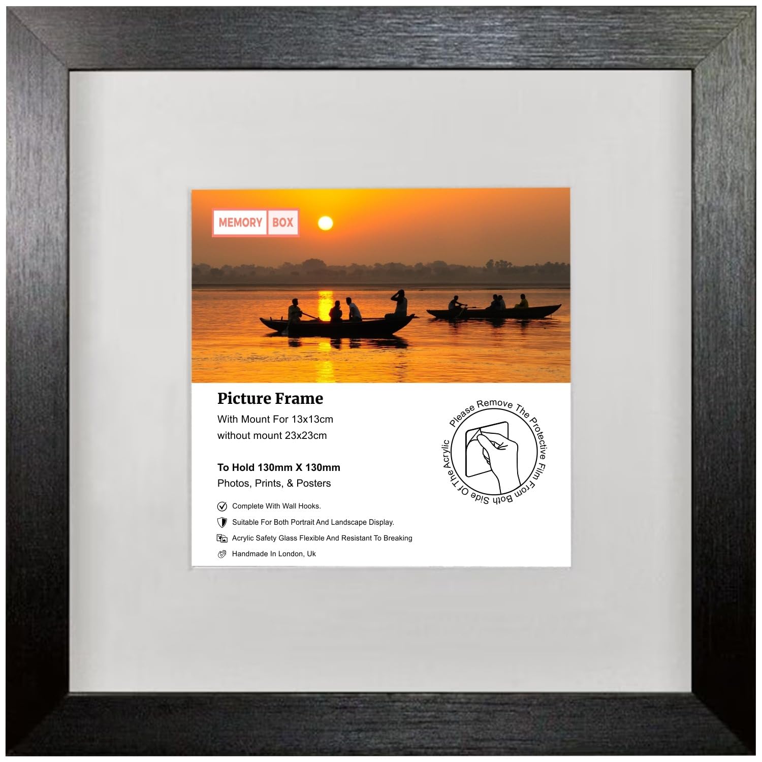 3D 3cm Deep Box Frame with White Mount - Fits Photo Size 23x23cm (Without Mount) and 13x13cm (With Mount) - Black Frame Pack of 1