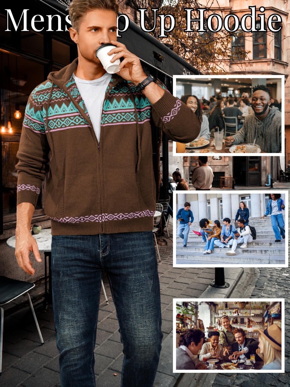 Fair Isle Cardigan Sweaters,Zip Up Sweater Hoodie Men,Casual Work House Going Out Knit Sweatshirt - Image 2