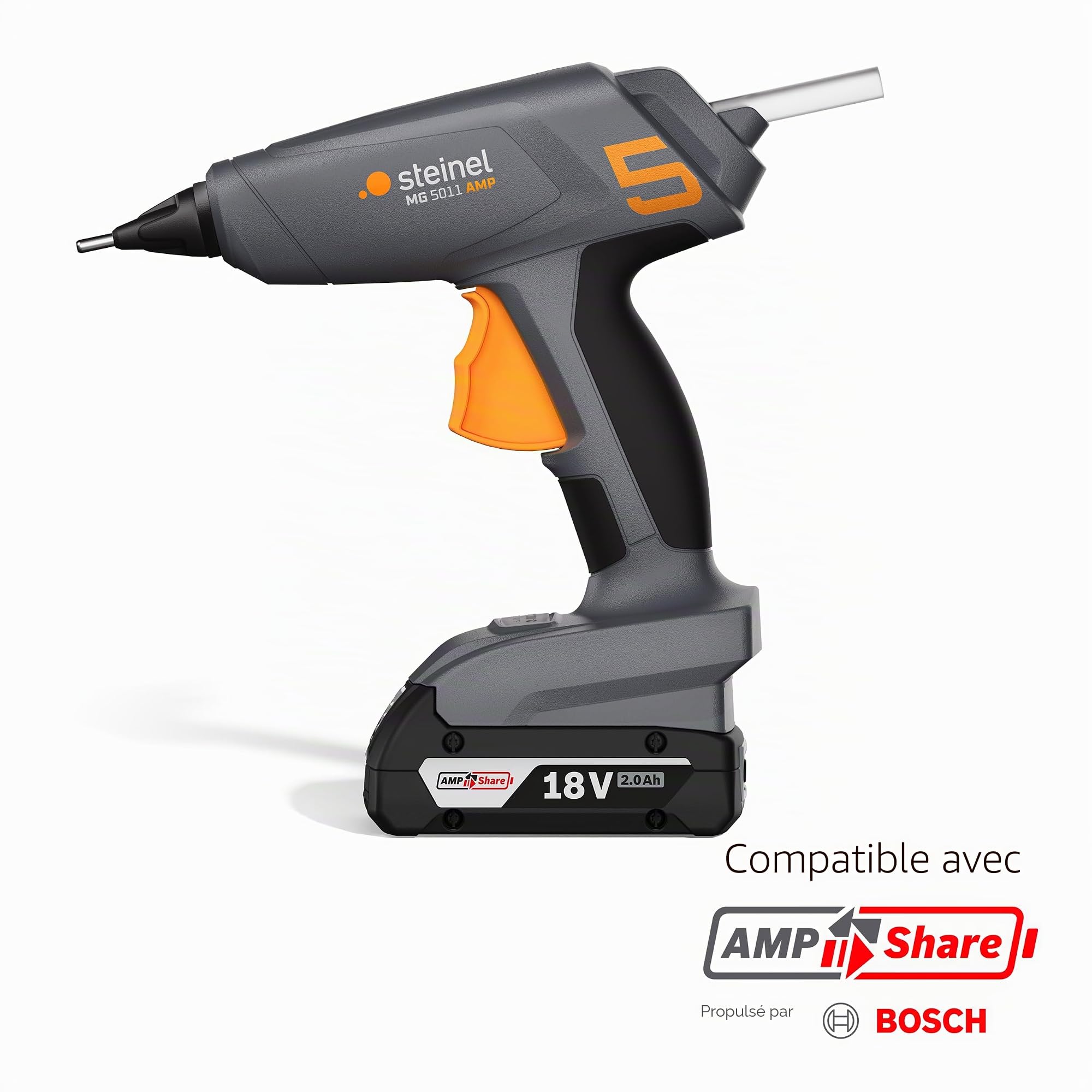 Steinel Pistolet à colle sans fil PRO MobileGlue 5011 AMP incl. batterie 2.0 Ah 18V Bosch AMPShare, 3x bâtons de colle, 130°/200°C