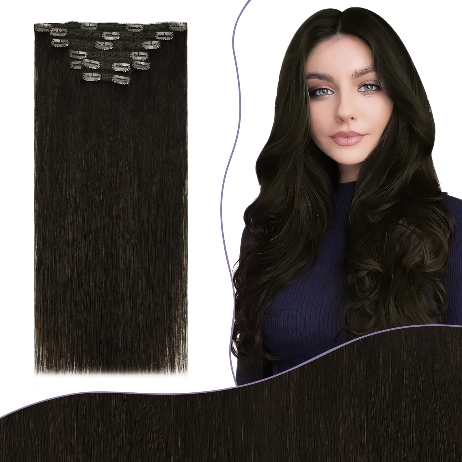 Fshine Clip in Extensions Echthaar Dunkelbraun, 50 cm, 150g 7 Stücke, Nahtlos, Mehr Volumen, Haarverlängerung Echthaar Clip in Extensions, Farbe 2