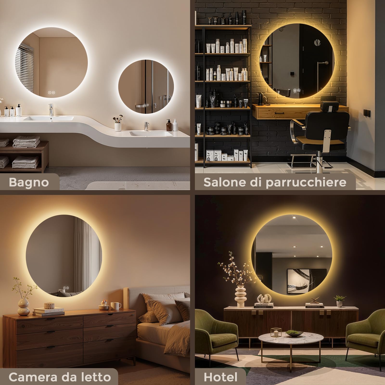 S'AFIELINA Specchio da bagno con illuminazione rotondo, 80cm, specchio LED con interruttore touch, specchio da bagno rotondo con 3 temperature di colore (caldo, neutro, freddo), dimmerabile