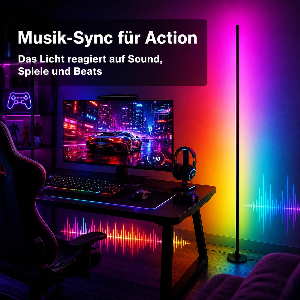 RGB Stehlampe Dimmbar 120cm mit App & Fernbedienung | 16 Millionen Farben, Musik Sync, Abnehmbare Ecklampe, DIY Stimmungslicht