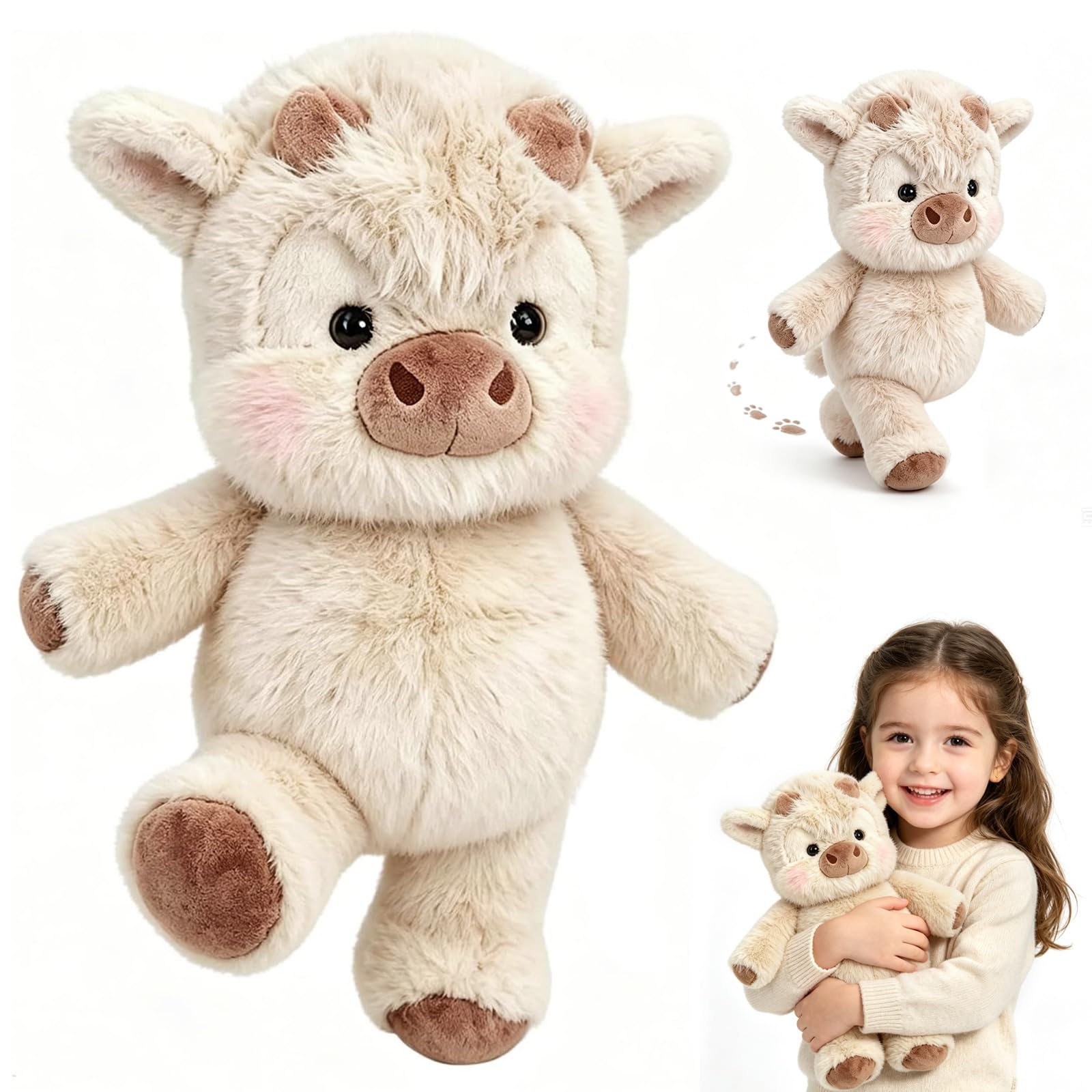 Running Plushies Highland Cow, Furry Highland Cow Plush Soft Toys With Moving Legs, Desktop Fidget Sensory Toy, Stress Relief Little Cow Stuffed Animal for Kids Adults Office Bedroom Home(45cm)