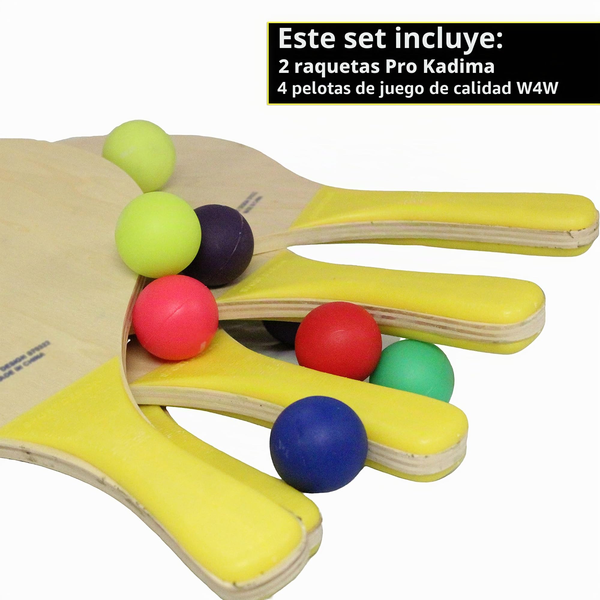 W4W Kadima Beach - Juego de Raqueta de balón de Pala, Paquete Incluye 4 Bolas y 2 paletas