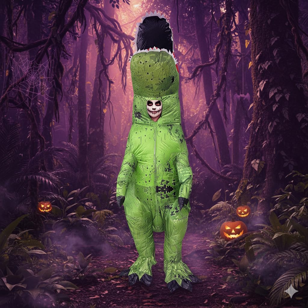 A2Z Disfraz inflable de dinosaurio para adultos con ventilador y caja de batería, divertido disfraz de T-Rex verde para hombres y mujeres, fiestas de Halloween, festivales, cosplay, carnavales, talla