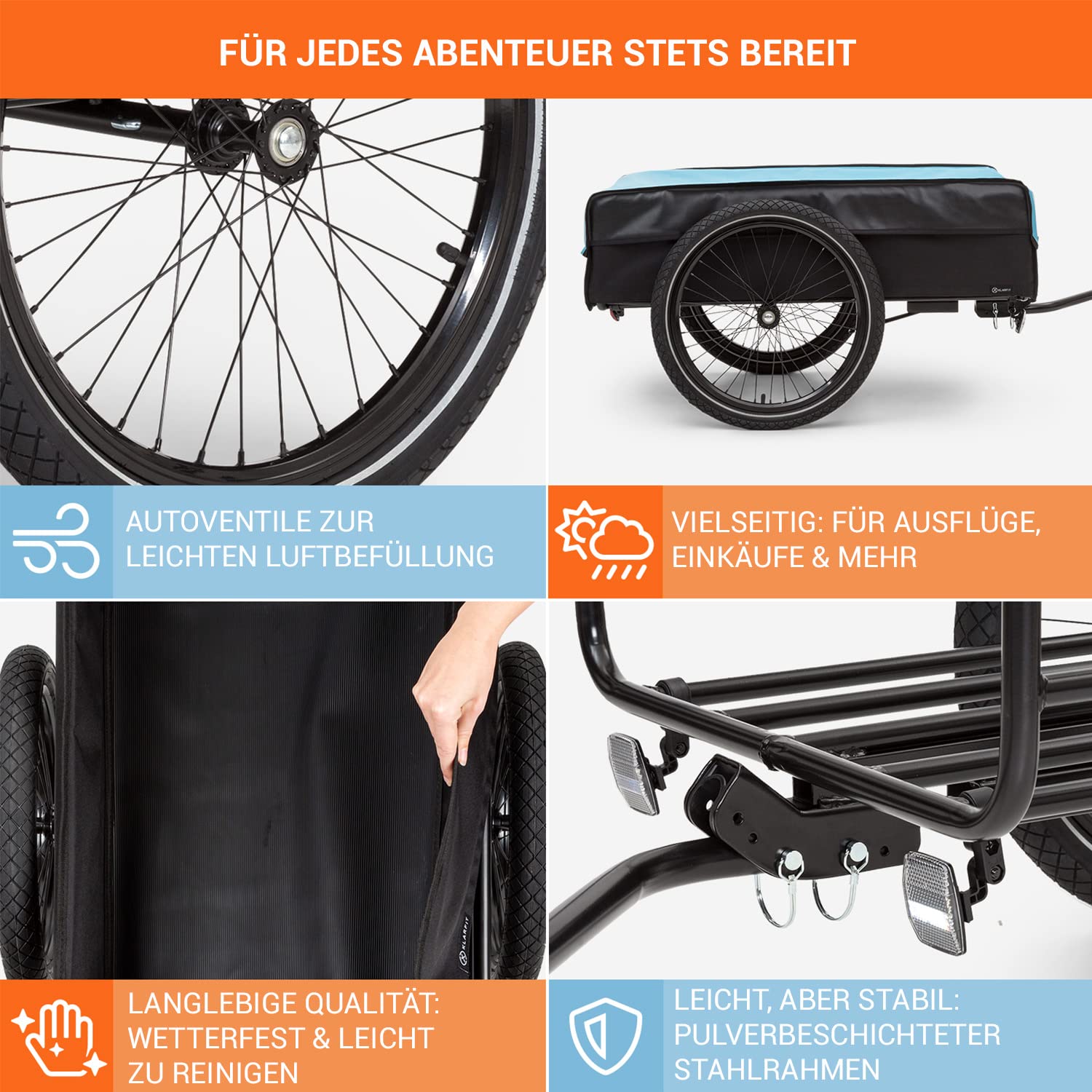 Klarfit Fahrradanhänger, Lastenanhänger mit 2 Rädern und Regenverdeck, Stahl-Fahrradanhänger mit Anhängevorrichtung & Halterung, Wasserdichter Handwagen mit Abnehmbarer Deichsel, Fahrrad Anhänger Sport & Freizeit