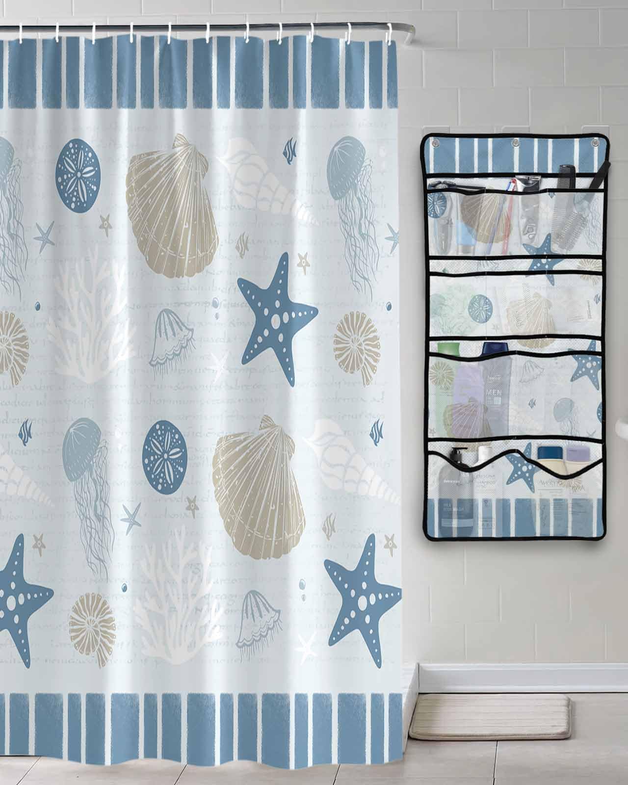Decorative Shower Curtain Sets Ocean Blue Fabric Waterproof Shower Curtains Vintage Jellyfish Starfish Coral Light Blue Striped Mesh