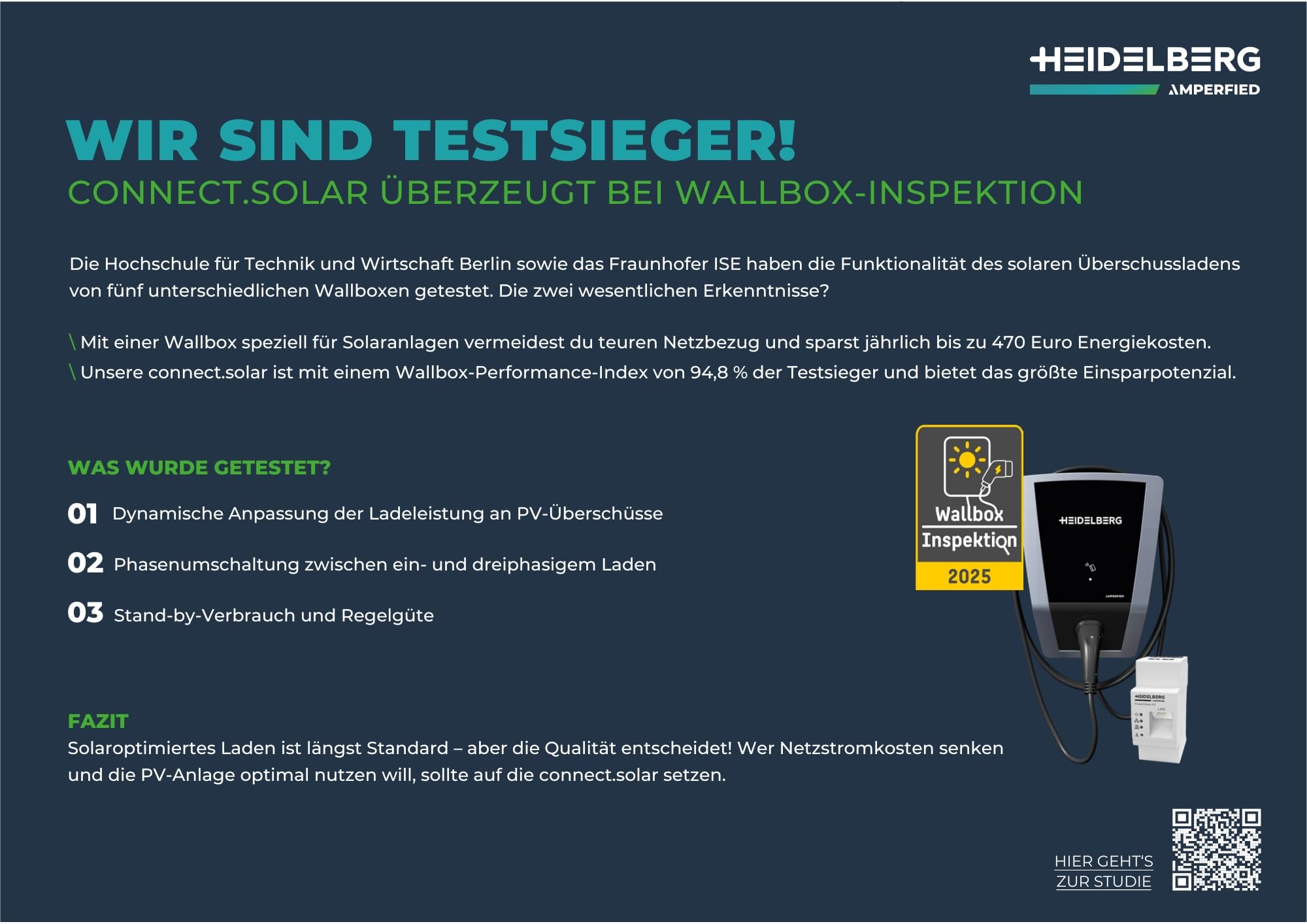 HEIDELBERG Wallbox für Solaranlagen. Spare jährlich bis zu 470 € Energiekosten. PV-Laden Schon ab 1,4 kW Solarertrag. 11 kW Ladeleistung. 5 m Kabel. Bis zu 5 Jahre Garantie. Wallbox Connect.solar
