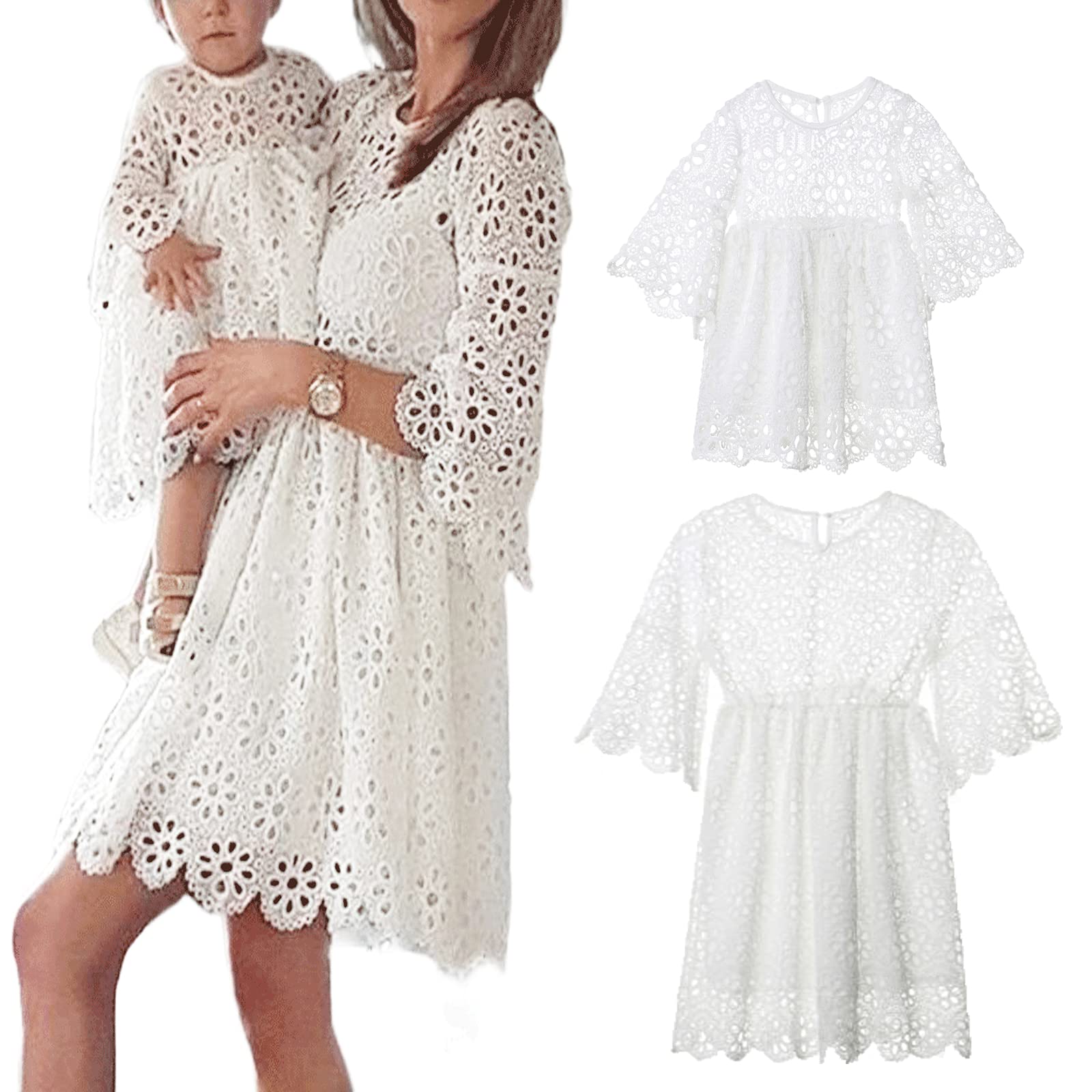 Loalirando Vestido de madre e hija igual elegante ceremonia vestido de encaje color liso mangas largas para madre e hija fiesta cumpleaños S-XL 0-5 años