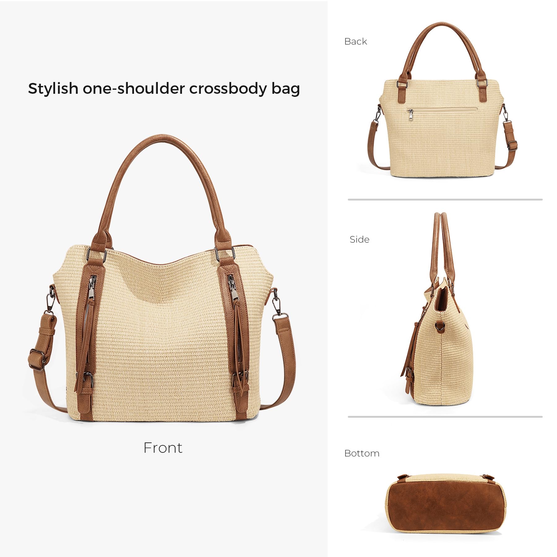 Borsa in paglia intrecciata con tracolla regolabile e tasche multiple, elegante borsa a tracolla in tessuto da donna per uso quotidiano borsa per la spesa