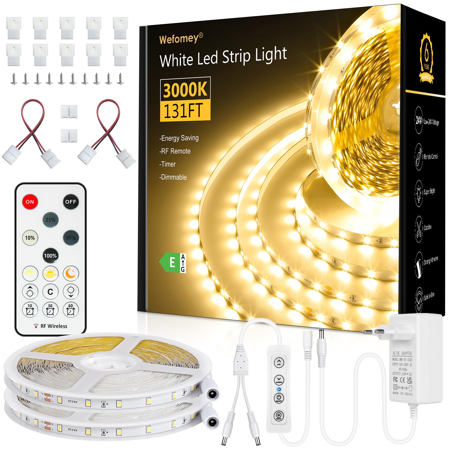 Wefomey Striscia LED 40 m, luce bianca calda, 3000 K, dimmerabile, 24 V, autoadesiva, 2835, flessibile, fai da te, 1920, con alimentatore di rete e telecomando RF per interni e cucina