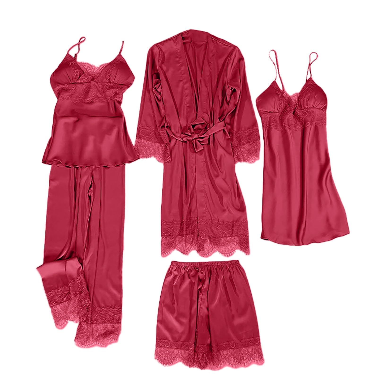 4/5 Pezzi Lingerie Donna Seta Pizzo Vestaglia Abito Pantaloni Set Floreale Pizzo Rifiniture Set
