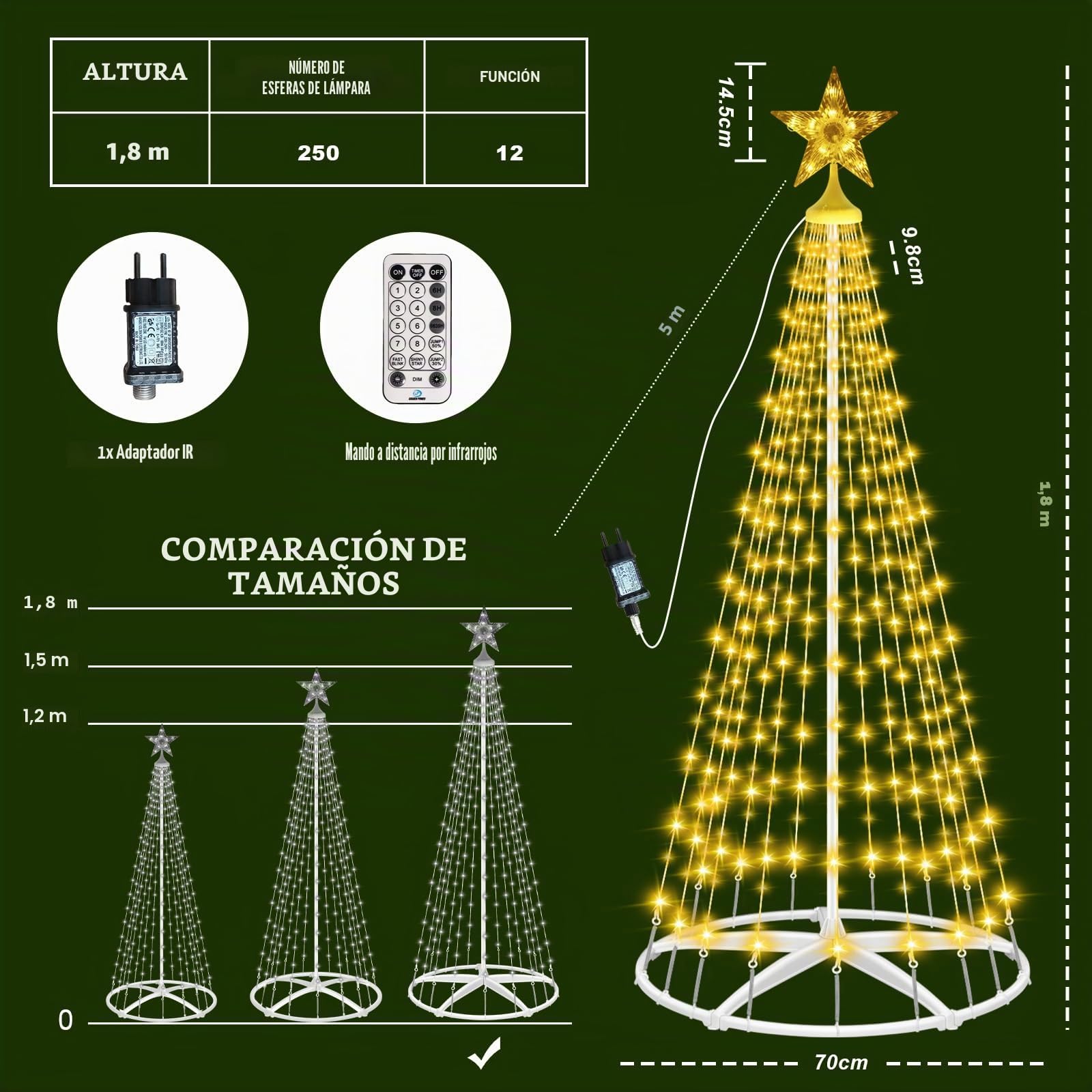 HELESIN 1,8 M, Luces de árbol de Navidad con Estrella, 250 Luces LED RGB para Exterior e Interior, 12 Modos, Decoraciones navideñas para Jardines Exteriores, Blanco Cálido