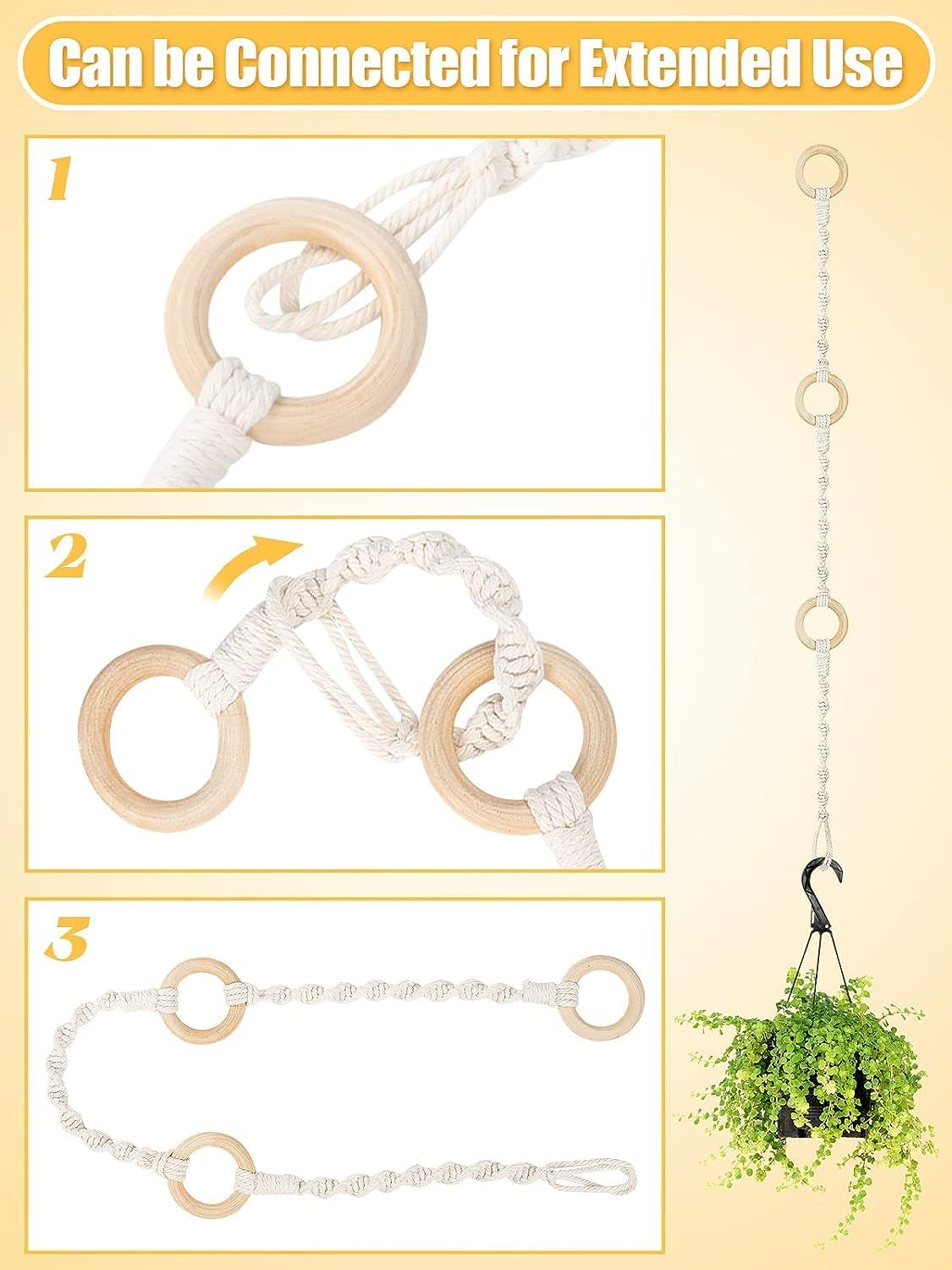 6 Pack Connectable Macrame Plant Hanging Extenders Durable Macrame Rope Plant Hanger with Wooden Ring Handmade Woven Plant Basket Extender for Indoor Outdoor Plant Pot Holder Home Decoration
