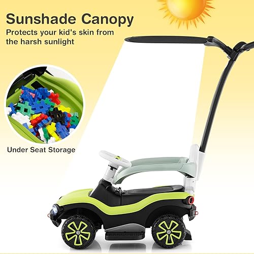 Miniatura 4 de Costzon Coche de empuje para niños pequeños, cochecito Volkswagen 3 en 1, auto deslizante para caminar con toldo, asa, barandilla, música y faros,
