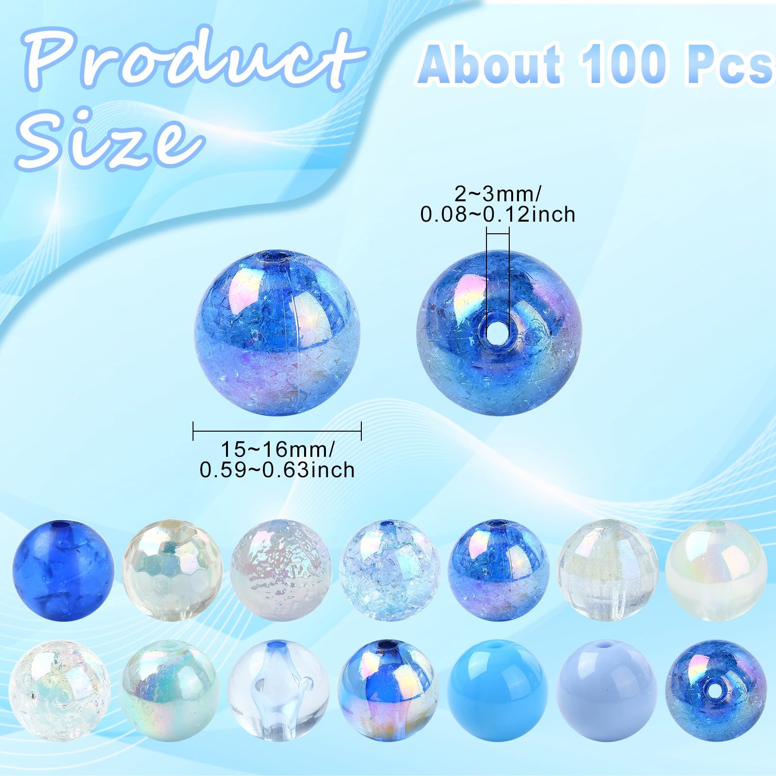 KitBeads 100Pcs Random 16mm Blue Tone Acrylic Round Beads Large Chunky Ocean Theme Beads for Bracelets Pens Necklaces Keychains Jewelry Making