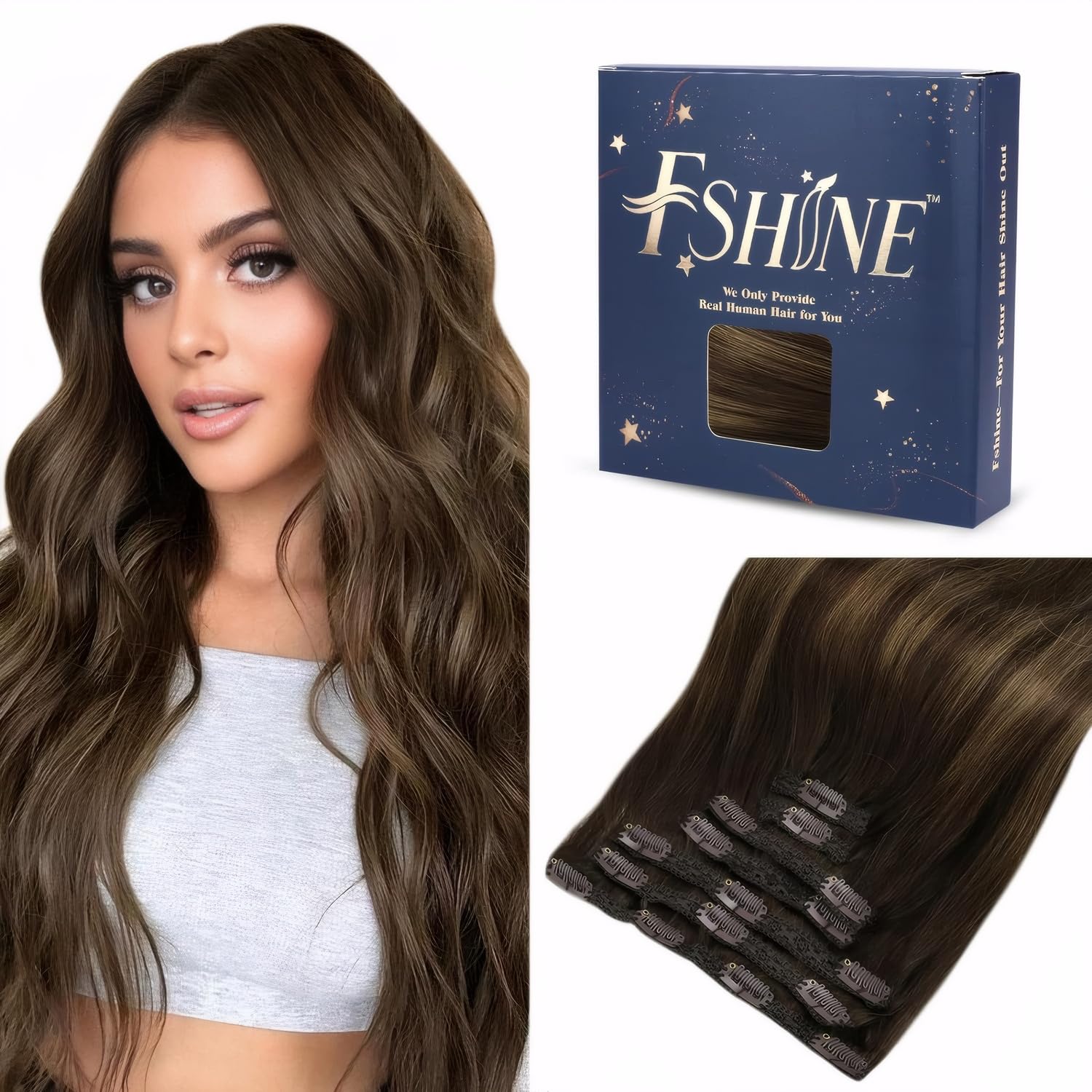 Fshine Extension Capelli Clip Balayage Da Marrone Scuro A Castano Clip In Human Hair Extensions 35cm 120g Extension Clip Capelli Veri Clip Capelli Umani Lisci #2/6/2
