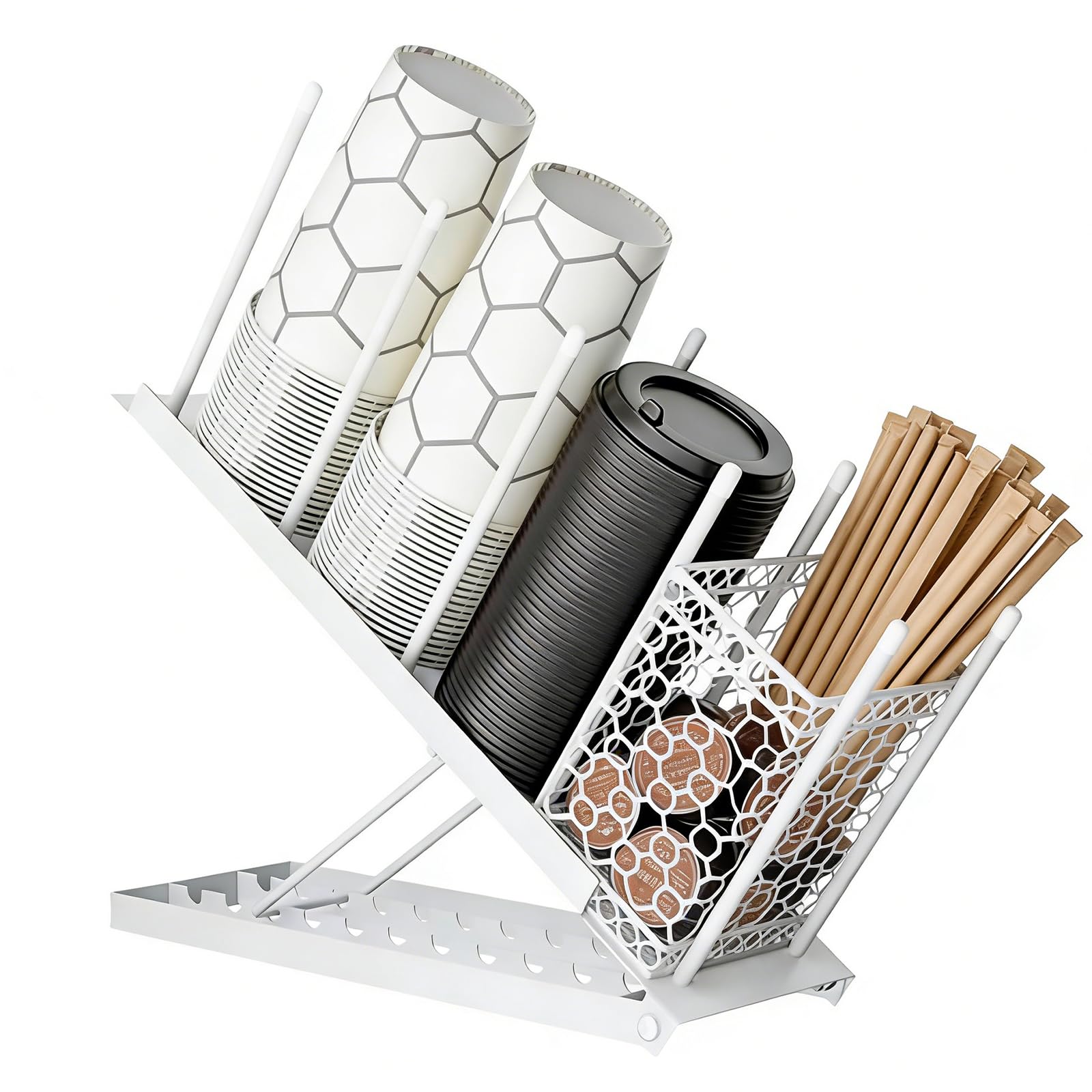 Becher- und Deckelhalter, 4 Fächer, Einweg-Kaffeetassen-Organizer, Kaffee Bar Einwegbecher- Spender, Verstellbarer Kaffeebecherhalter für Kaffeestation, Bartheke, Arbeitsplatte (Weiß)