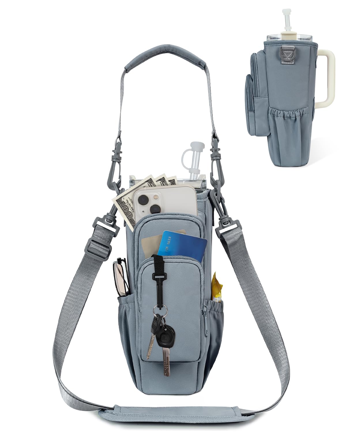 sportsnew Water Bottle Carrier Bag with Phone Pocket for 30oz 40oz Tumbler with Handle Accessories Insulated Water Bottle Holder Pouch with Strap Crossbody with Straw Cover