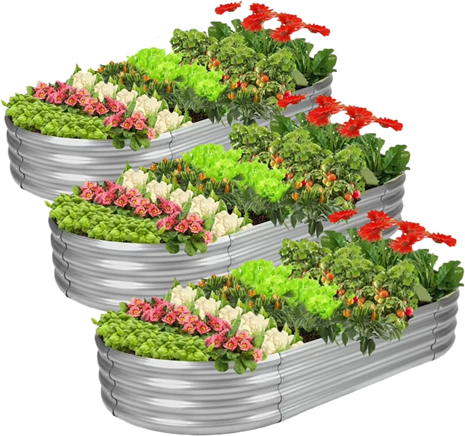 Galvanized Raised Garden Bed Kit, 3Pack Galvanized Planter Raised Garden Boxes Outdoor, Oval Metal Raised Garden Beds for Vegetables (4FT)