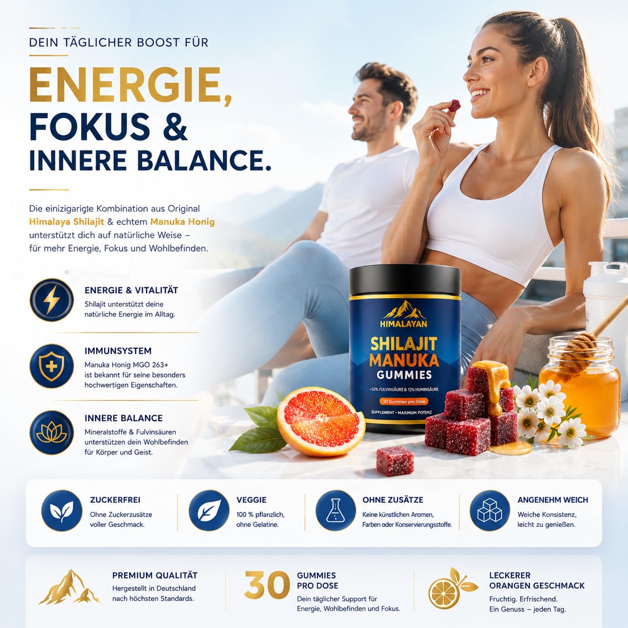 Shilajit Himalaya & Manuka Honig MGO 263 – Zuckerfreie Veggie Wohlfühl-Gummibärchen – Deine tägliche Unterstützung für Energie, Immunsystem & innere Balance