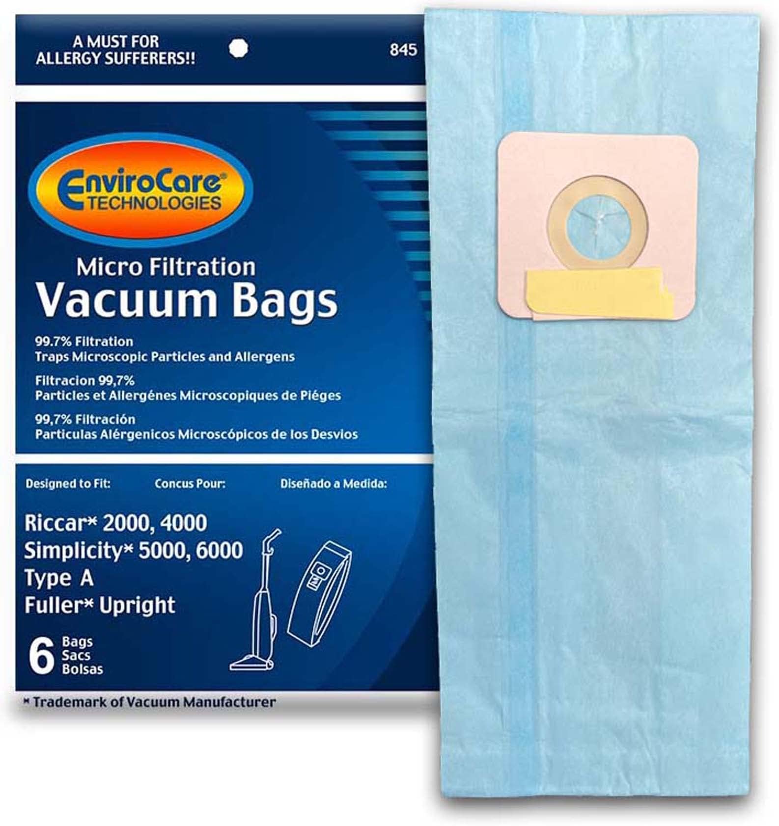 Replacement Micro Filtration Vacuum Cleaner Dust Bags Made to fit Riccar 2000, 4000 and Vibrance Series. Simplicity 5000, 6000 and Symmetry Type A 6 pack