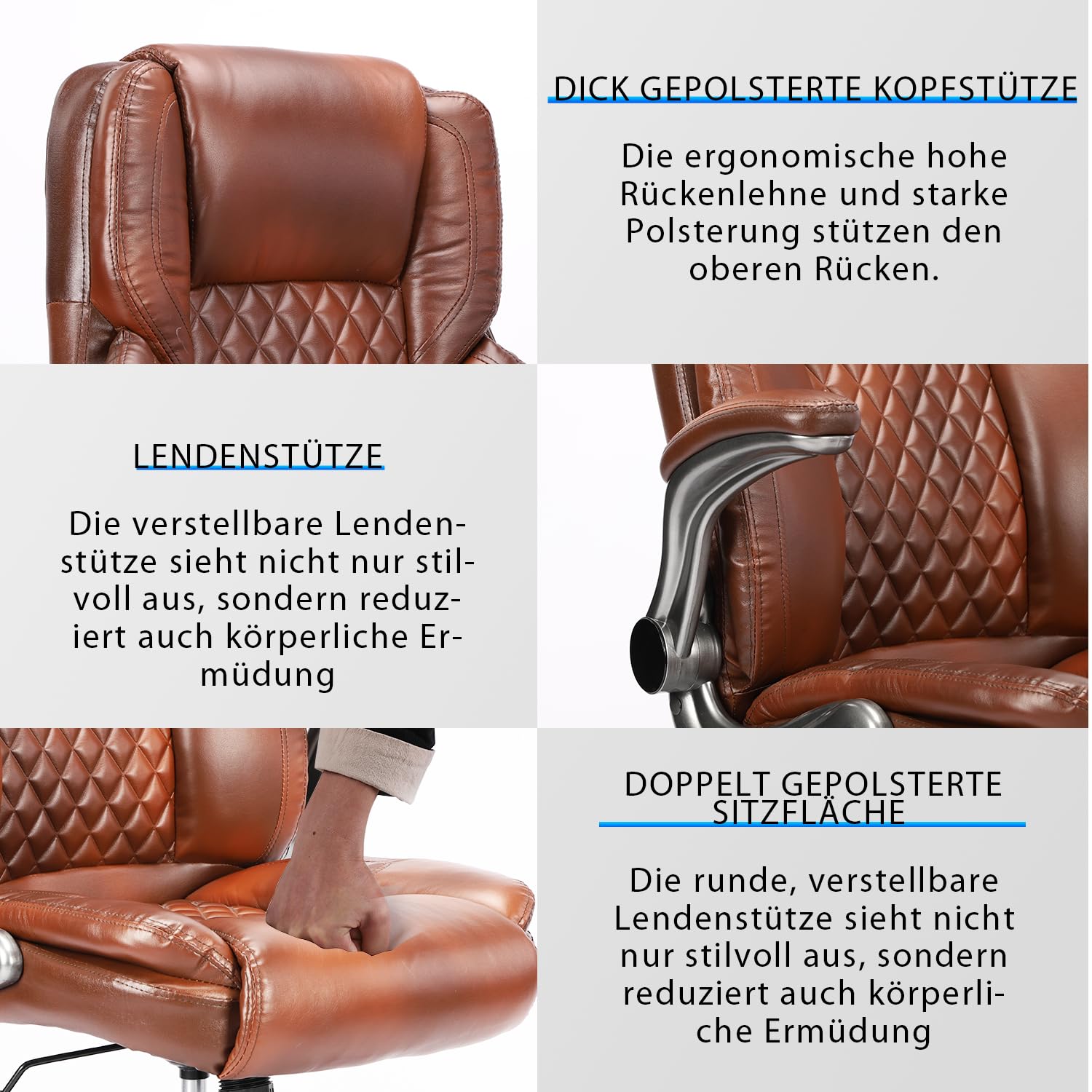 Bosmiller Bürostuhl Ergonomischer Chefsessel Bürostuhl 200 kg, Verstellbarer Rückenlehne, Hochklappbaren,Armlehnen, Schreibtischstuh Büro, Office Chair für Büro Computer Chefsessel, Braun