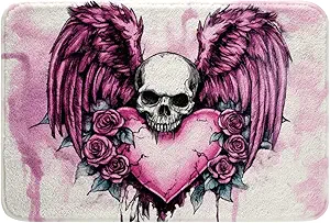 Erosebridal Pink Rose Skull Bath Mat Watercolor Print Skeleton Decor Bathroom Rugs,Sugar Skull Doormats Floor Mats Gothic Heart Wings Non Slip Bath Rug 16