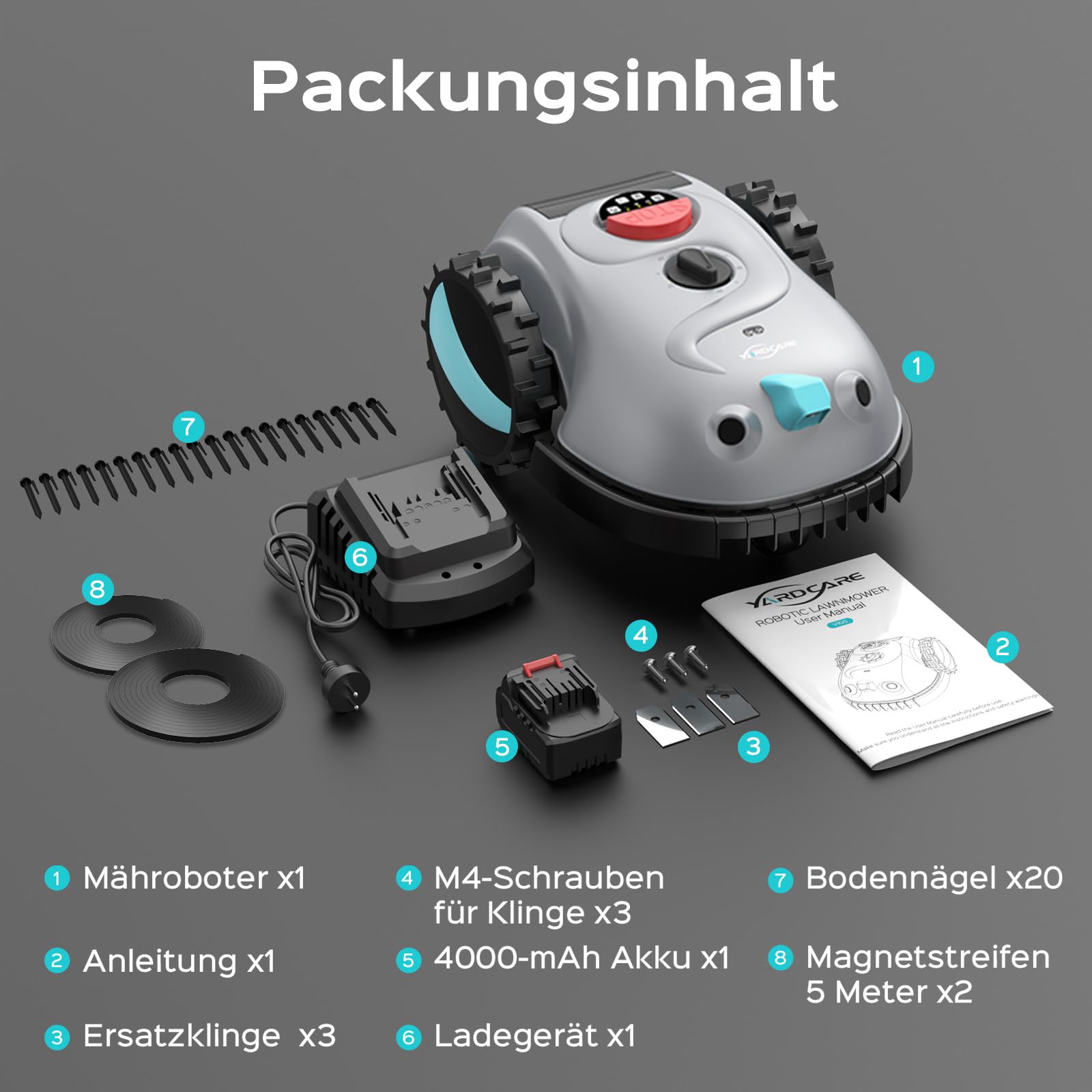 YARDCARE V100 Mähroboter ohne Begrenzungskabel, mit KI-Vision Navigation, Kein RTK, Kein Signalabbruch, 150 Hinderniserkennung, mit Magnetstreifen, Ersatzklingen, Empf. für kleine Gärten bis zu 150㎡