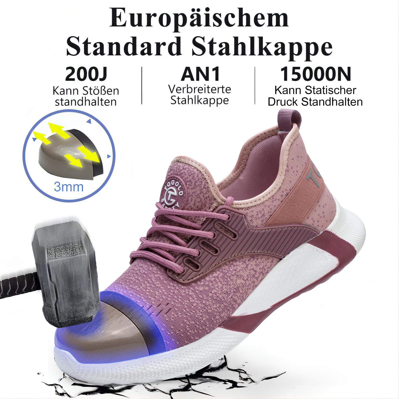 AONETIGER Obuwie ochronne dla mężczyzn i kobiet, S3, lekkie buty robocze, stalowy nosek, sportowe, oddychające, antypoślizgowe, 8195 Pink B, 43 EU
